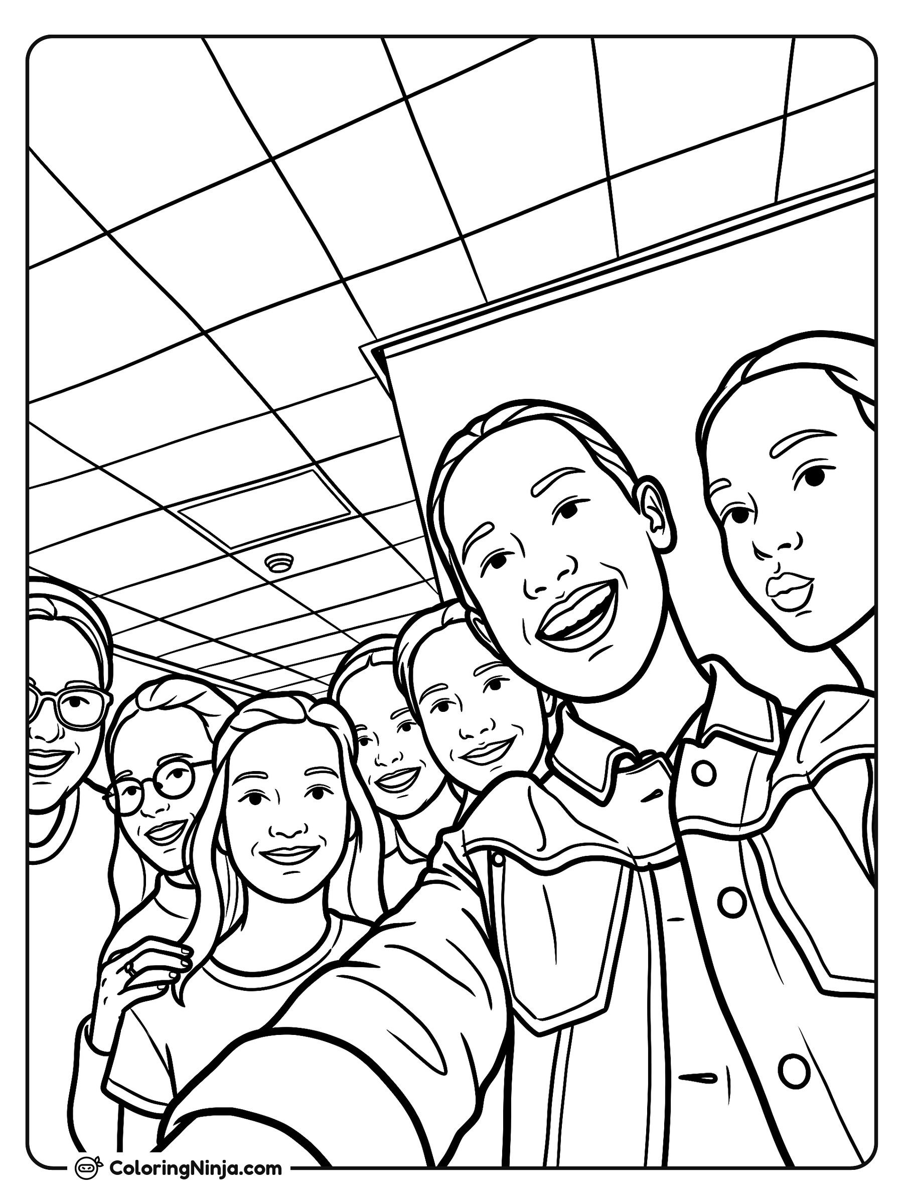 Group Selfie of Smiling Girls Coloring Page