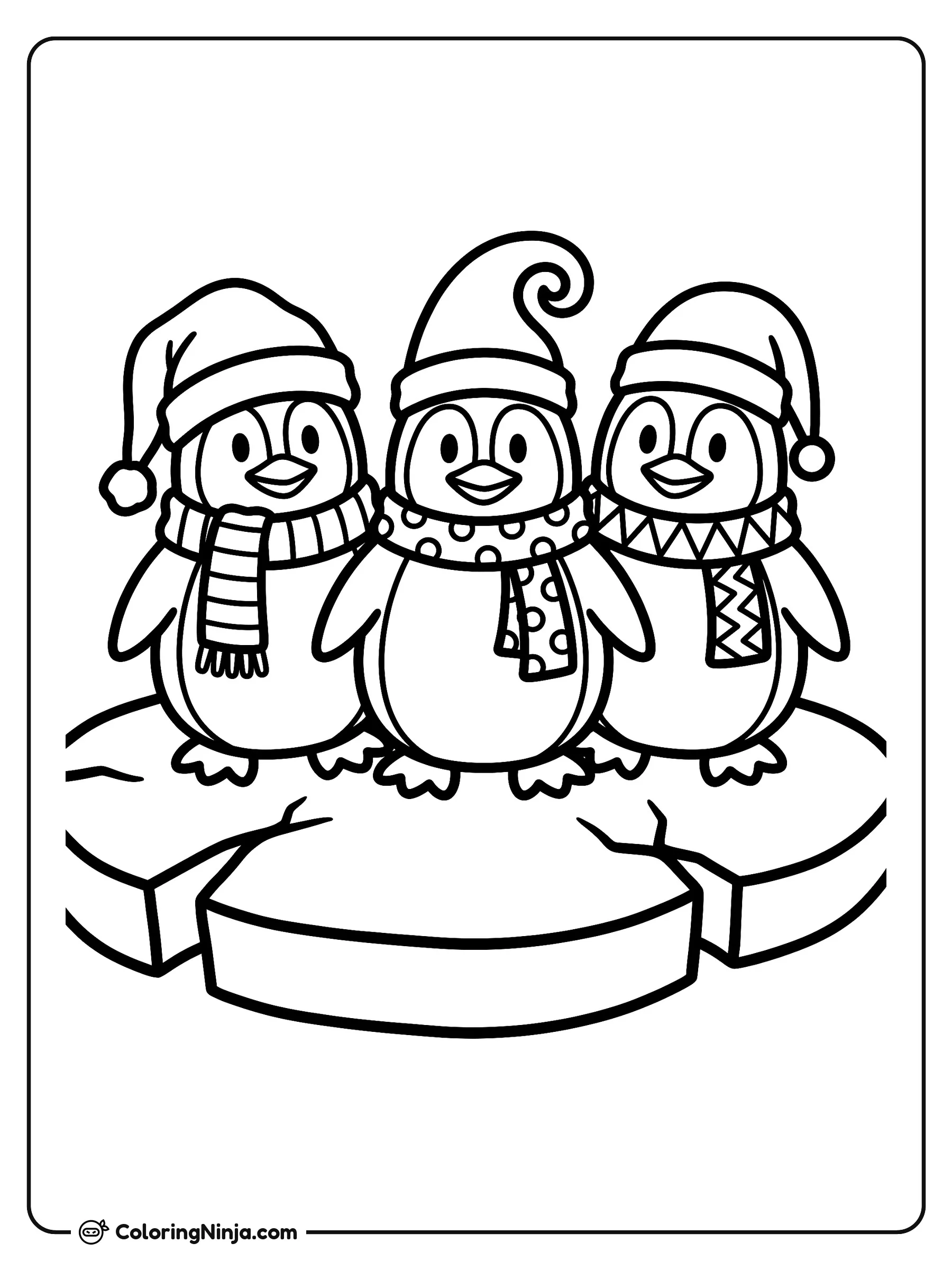 Trío de pingüinos con gorros navideños, dibujo para colorear: Tres simpáticos pingüinos posan juntos sobre un bloque de hielo, luciendo gorros de Navidad y bufandas abrigadas.