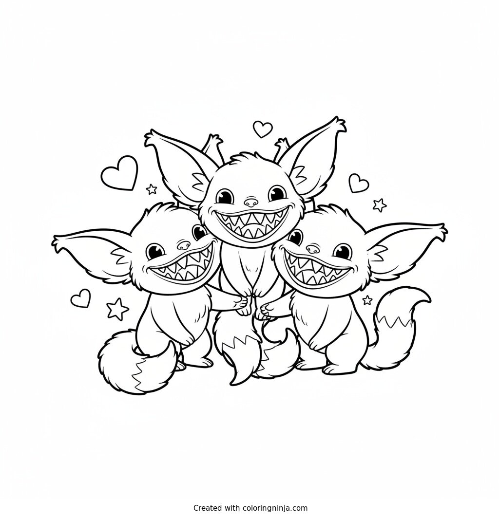 Coloring page of Group of three Labubus together, all with fluffy elf ears and wide toothy grins