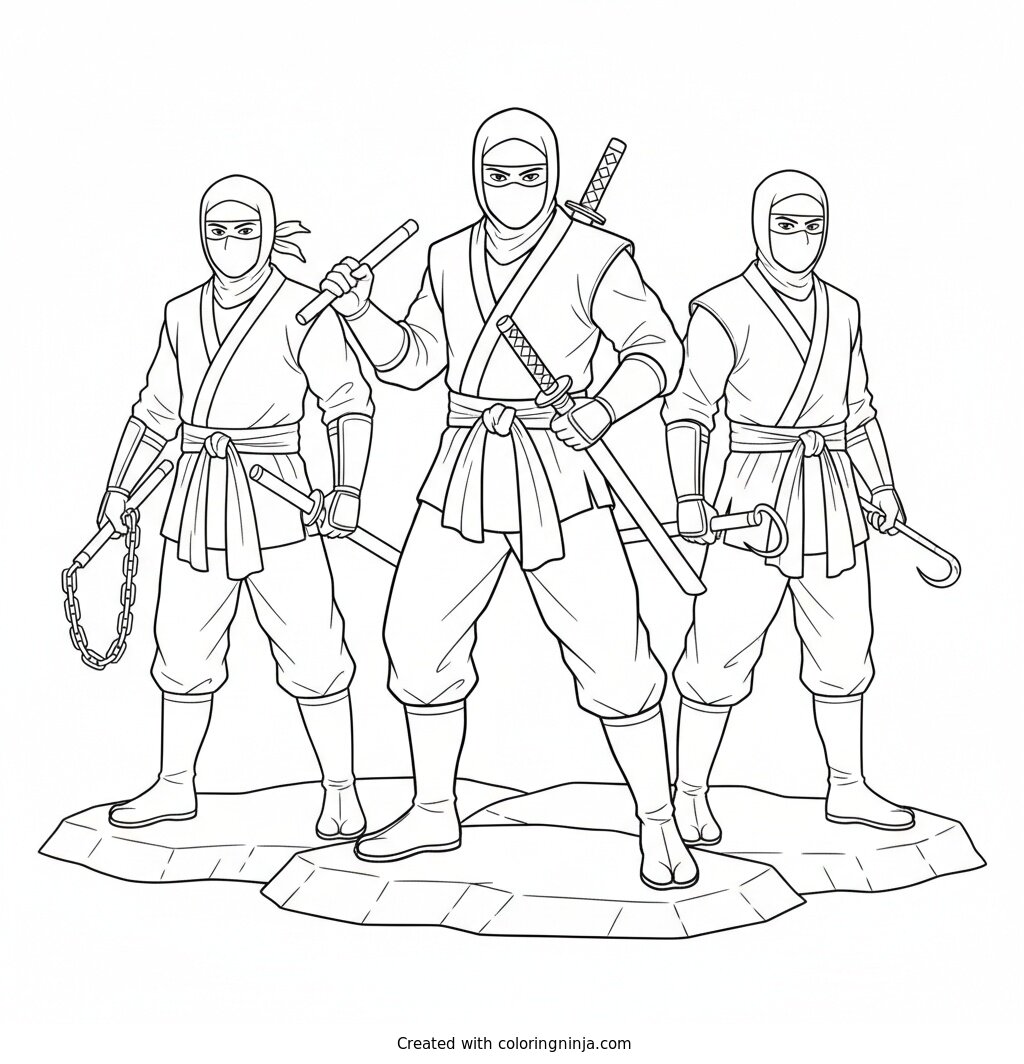Coloring page of Group of three ninjas standing together
