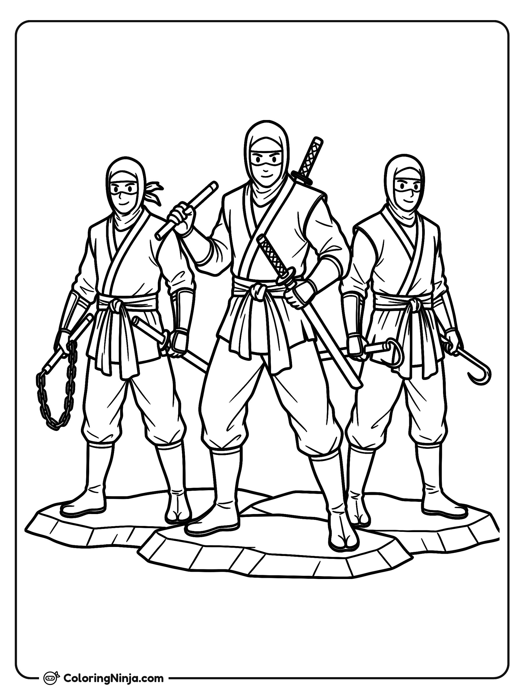 Grupo de tres ninjas juntos: dibujo para colorear