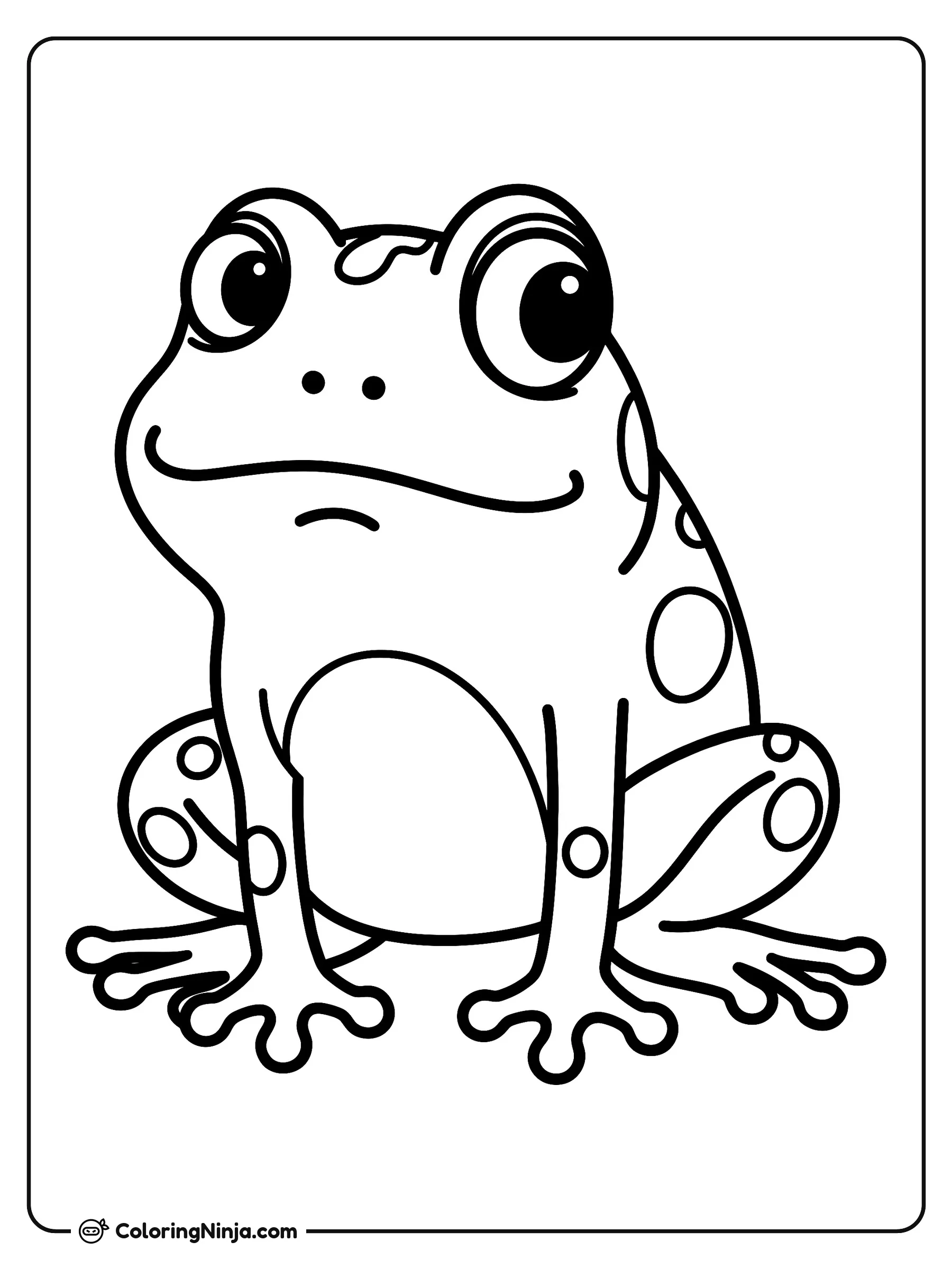 Lina ranita con manchas, dibujo para colorear: Una simpática ranita posa tranquilamente con una suave sonrisa y ojos muy grandes y brillantes.