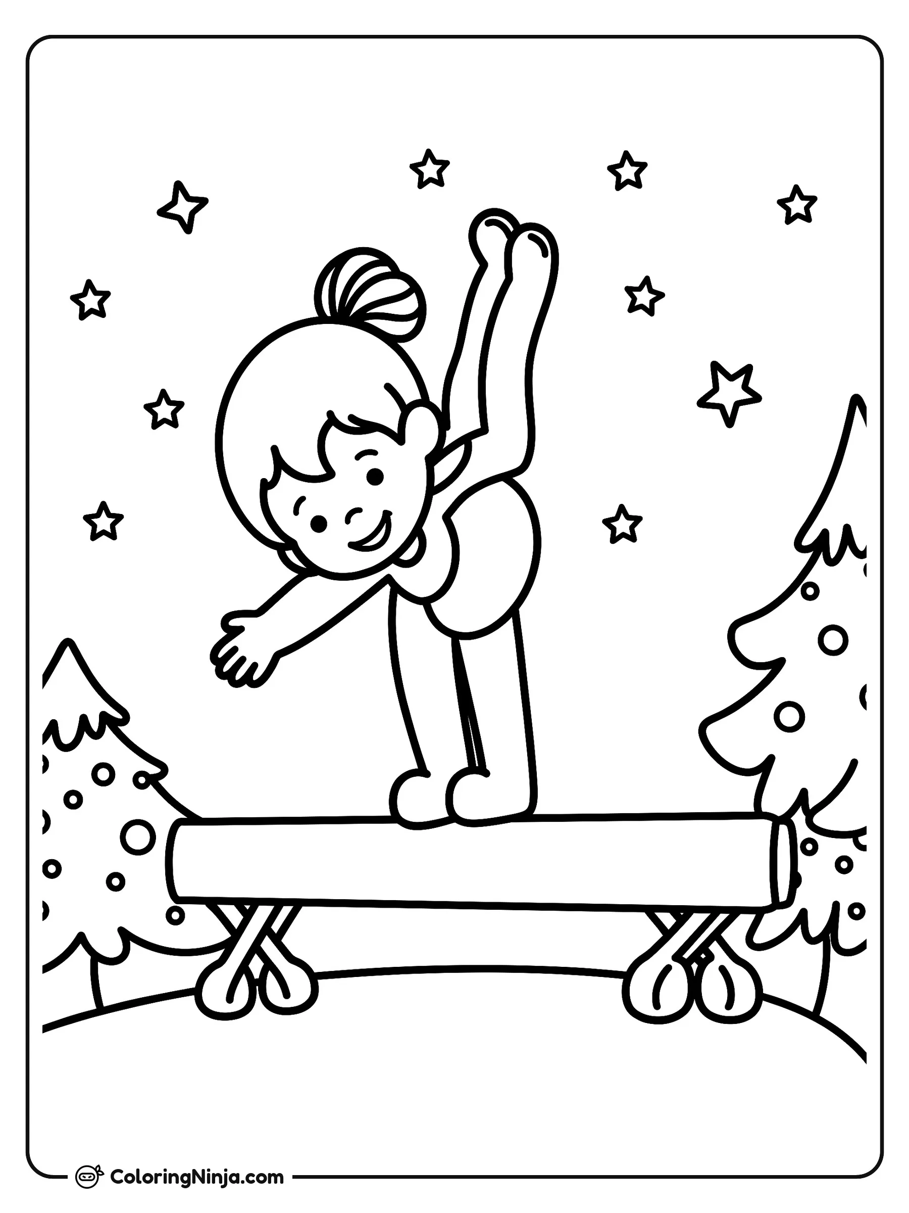 Snowy Gymnast On Balance Beam Coloring Page: This coloring page features a gymnast on a balance beam set against a winter background. The scene also includes uneven bars and rings in the same gymnastics setting.