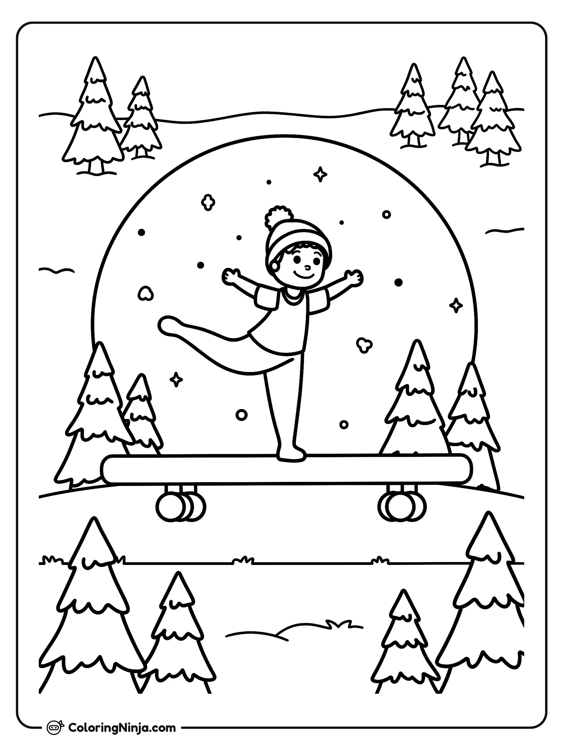 Gimnasta en barra de equilibrio invernal, dibujo para colorear: Una alegre gimnasta con gorro de invierno mantiene el equilibrio sobre una pierna en una barra de equilibrio.