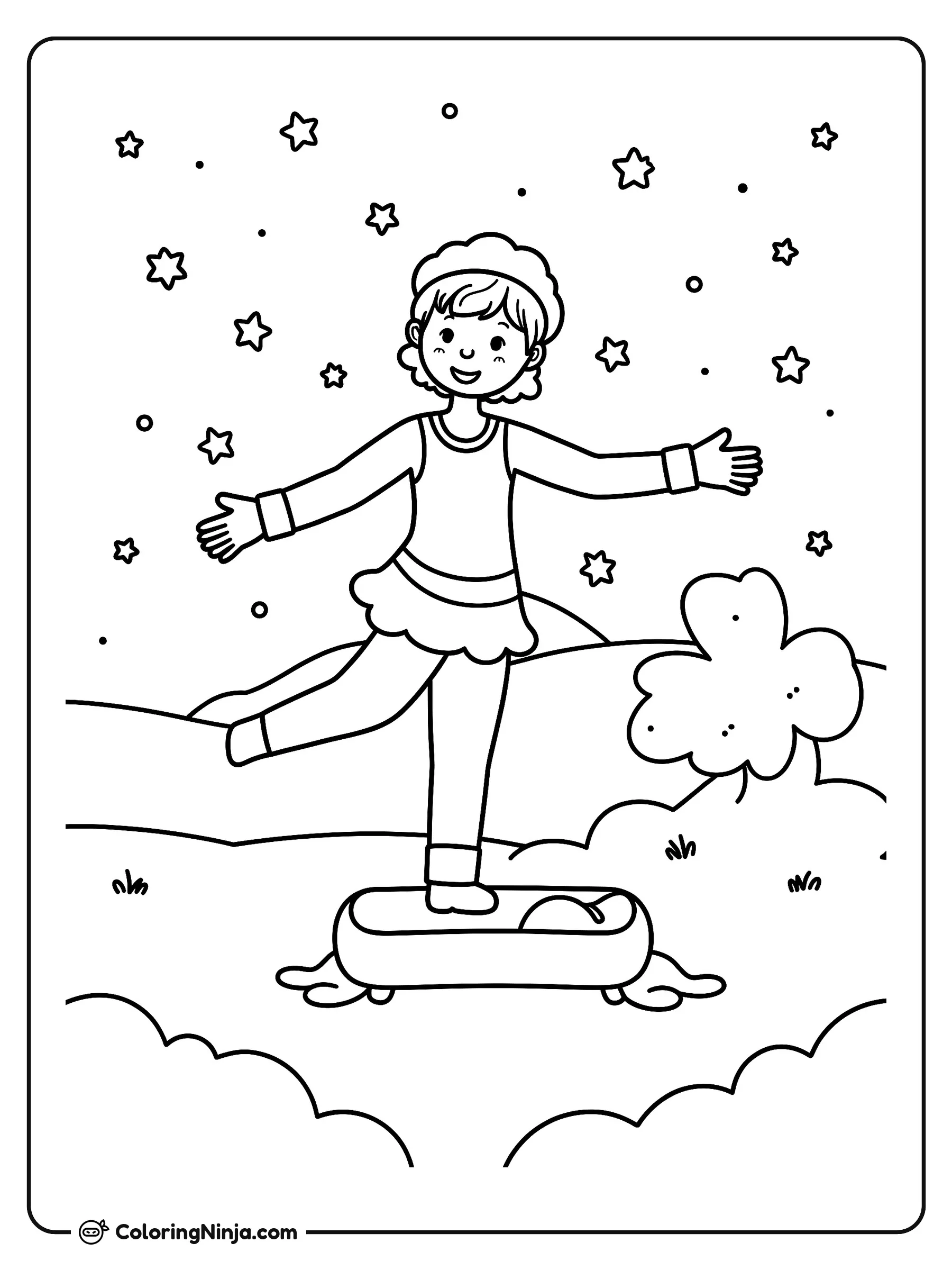 Gimnasta en un paisaje invernal, dibujo para colorear: Una joven gimnasta mantiene el equilibrio sobre un pie encima de una pequeña viga al aire libre.