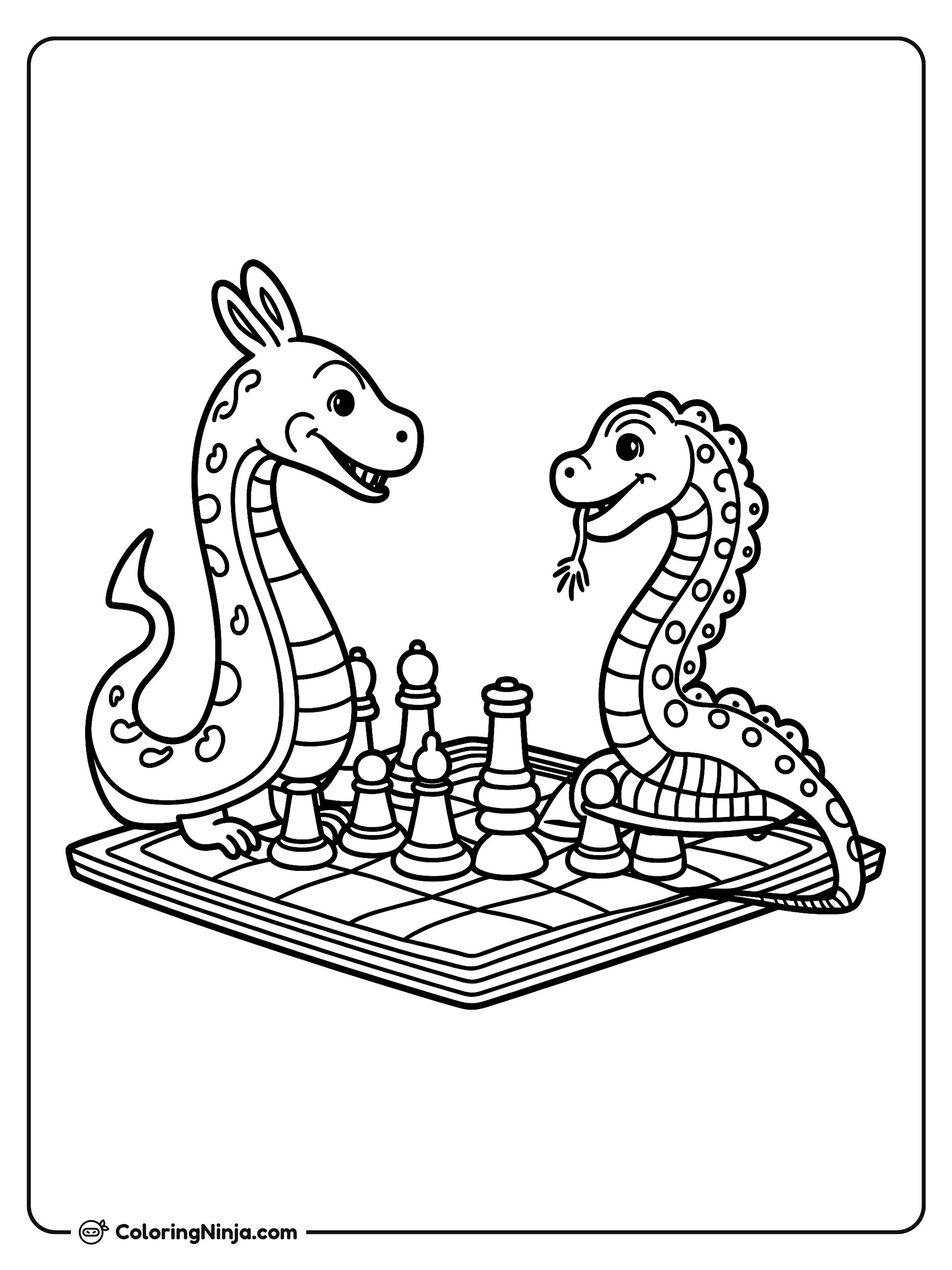 Dos Dragones Tiernos Jugando Ajedrez: dibujo para colorear