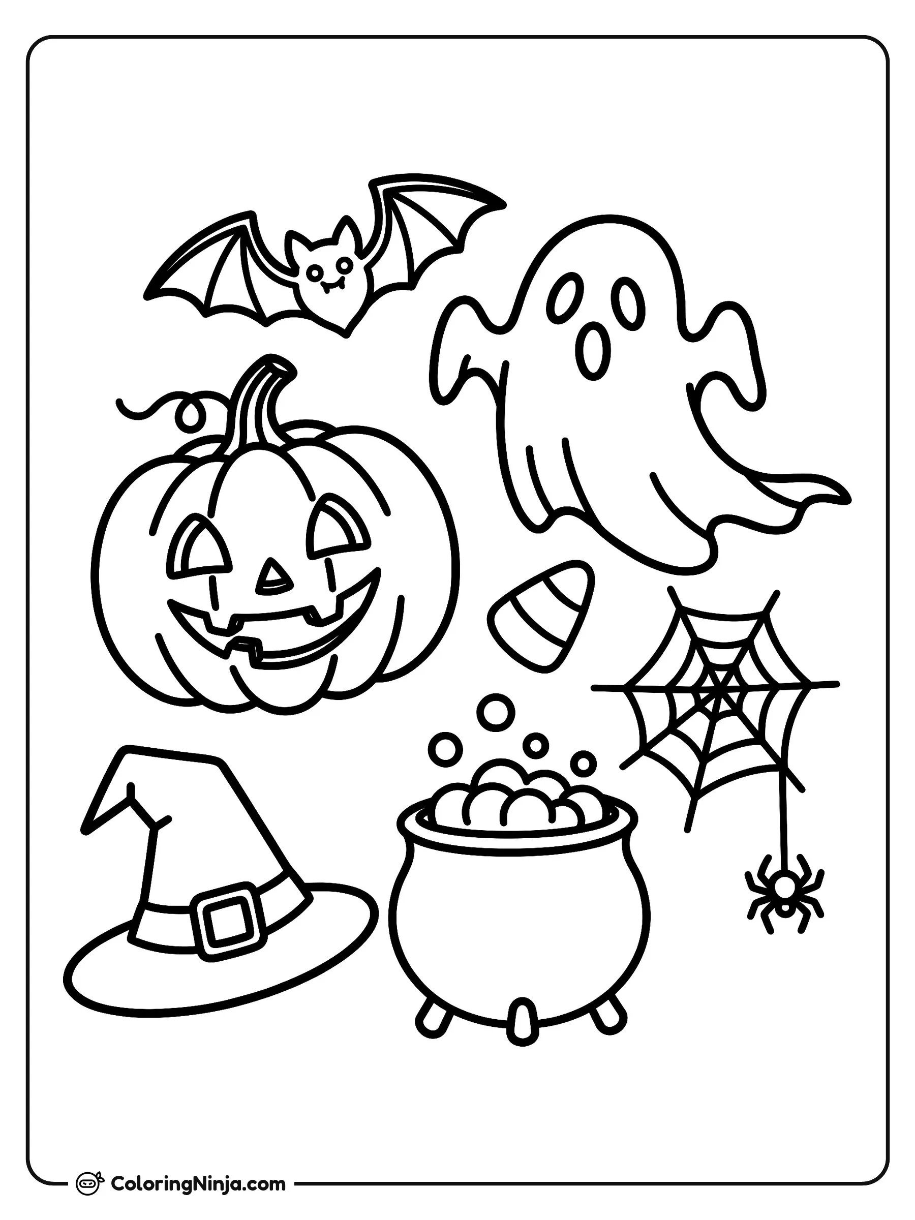 Libro de Halloween Fácil, dibujo para colorear: Una festiva escena de Halloween presenta una calabaza tallada, un fantasma flotante y un murciélago volando en lo alto.