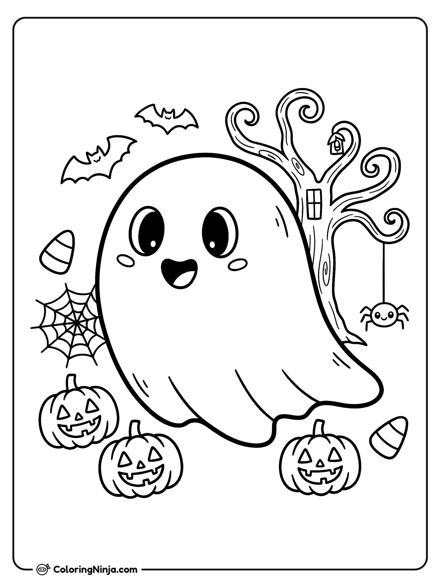 Fantasmita tierno de Halloween, dibujo para colorear: Un alegre fantasmita flota felizmente en medio de una escena festiva de Halloween.