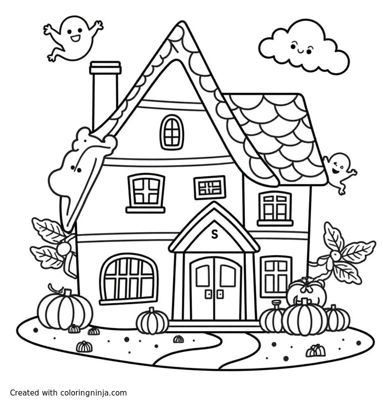 A coloring page of halloween house with ghosts and skeletons