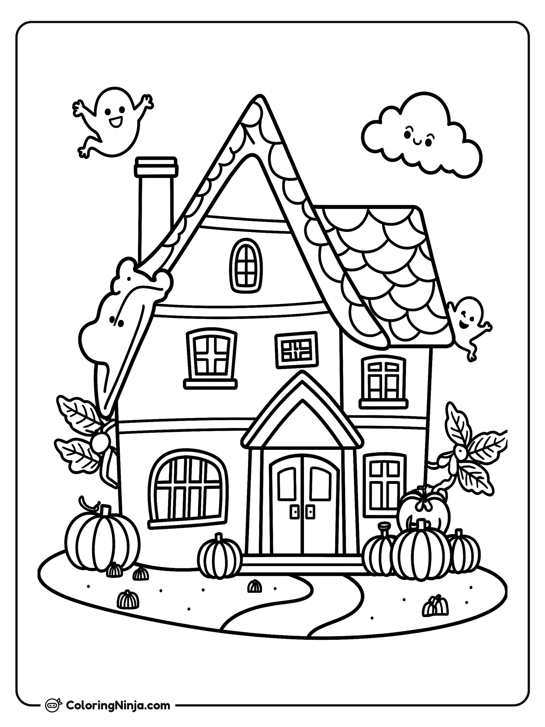 Casa de Halloween con fantasmas amigables: dibujo para colorear