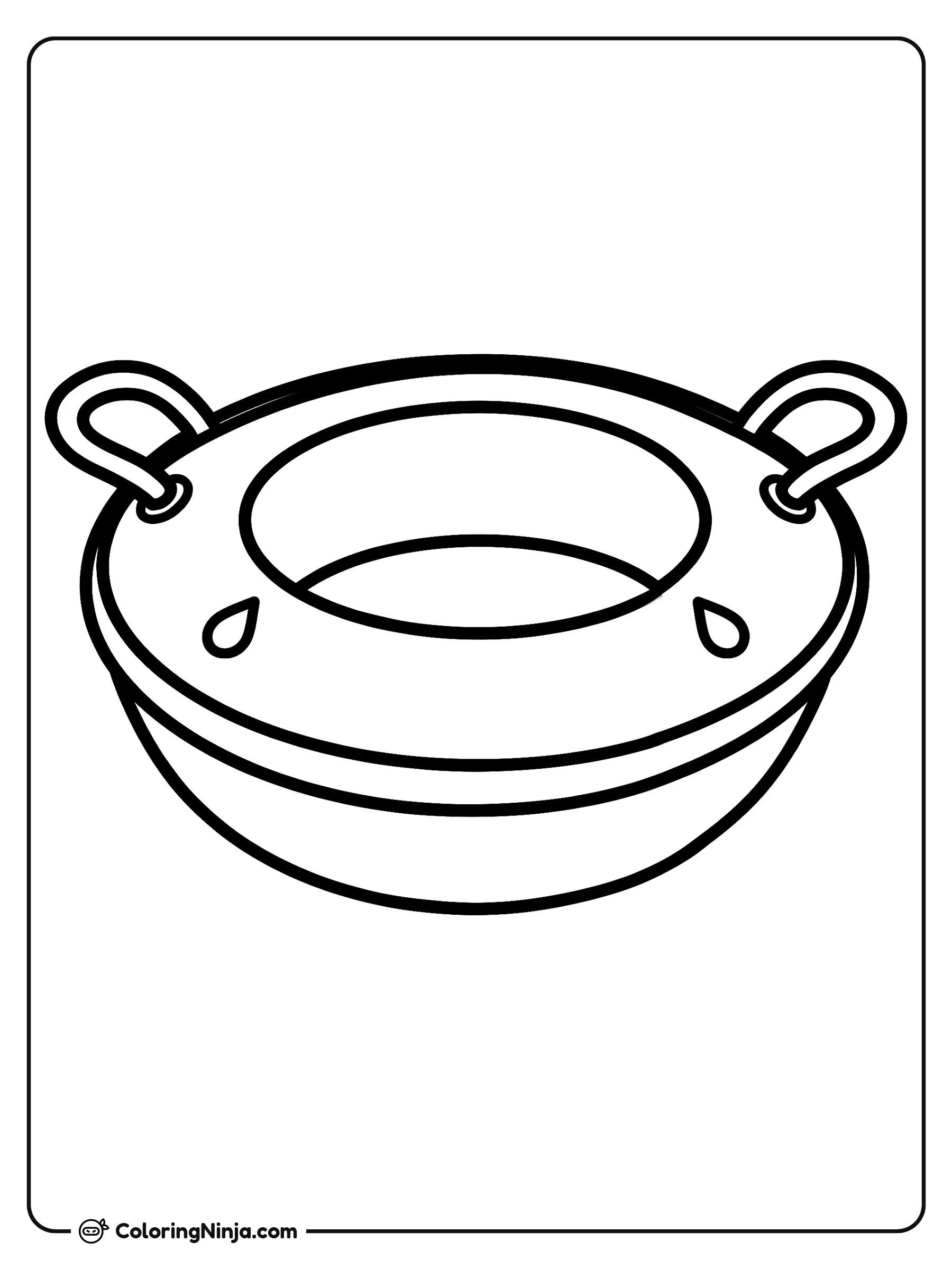Divertida llanta inflable para la nieve, dibujo para colorear: Una llanta inflable para deslizarse en la nieve se encuentra en el centro de la imagen. Tiene un diseño circular con un asiento hueco y dos asas resistentes a los lados.