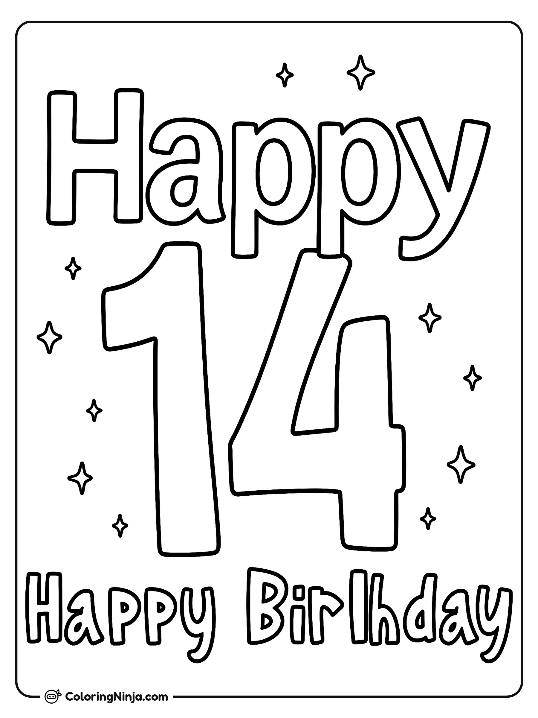 Happy 14th Birthday Coloring Page: This coloring page features the text "Happy 14th birthday" designed for line-art coloring. The image provides a fun birthday theme centered around reaching the age of fourteen.