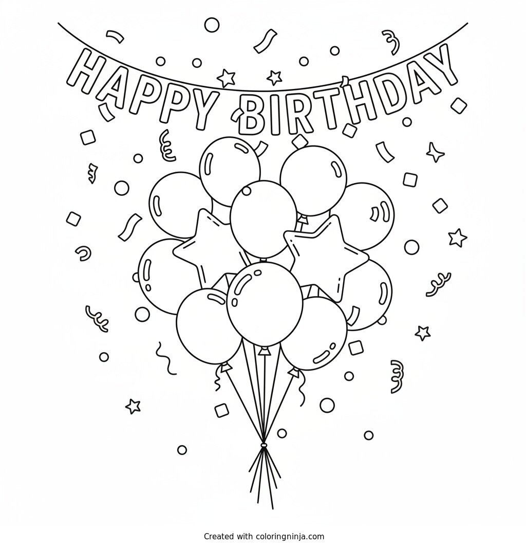 Balloons and Birthday Banner Coloring Page