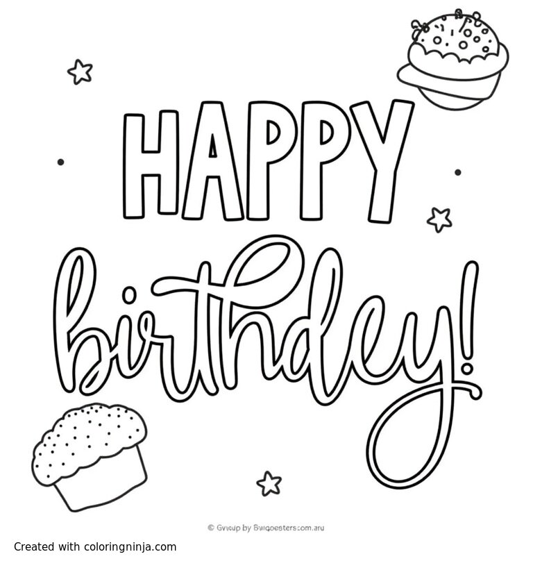 A coloring page of Happy birthday!