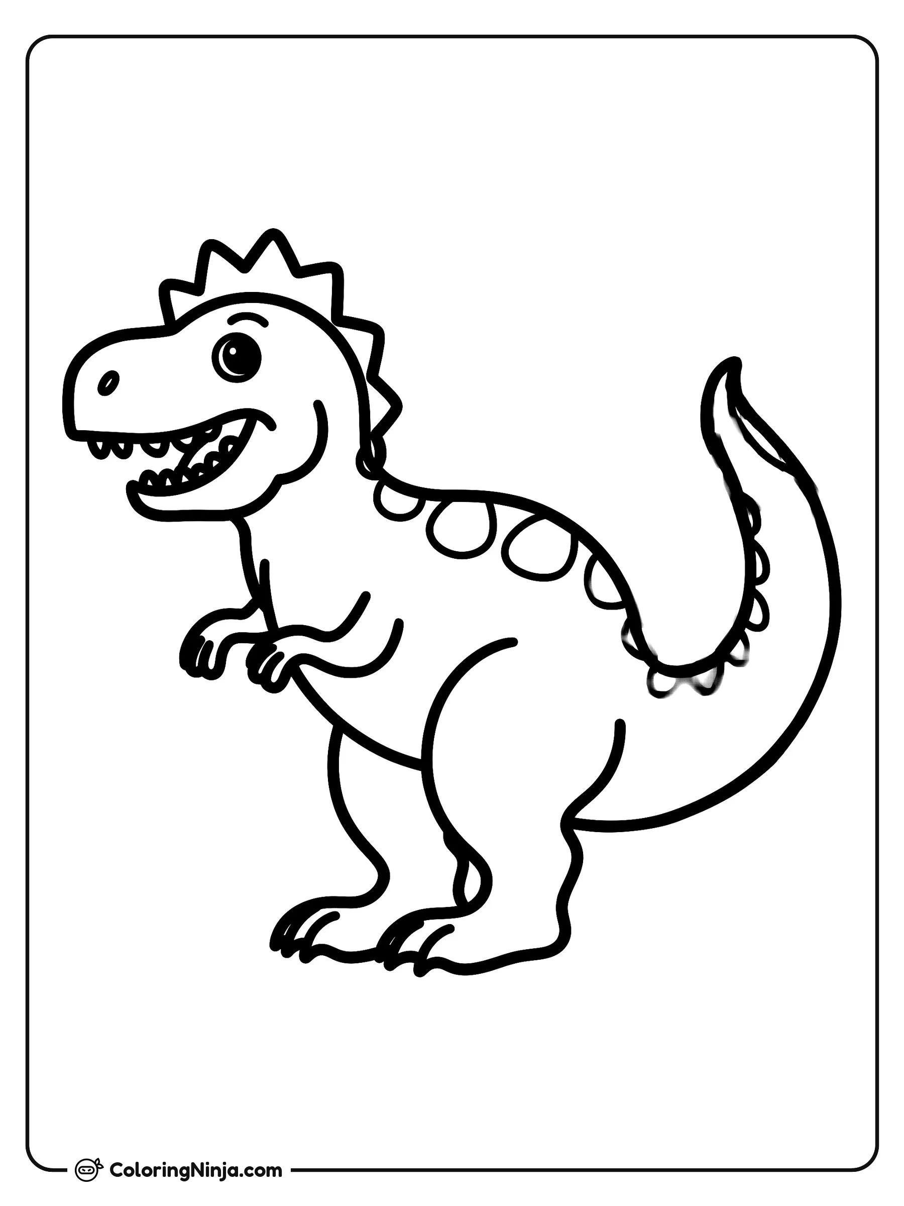 Lindo Tiranosaurio Rex Feliz, dibujo para colorear: Un adorable tiranosaurio rex feliz se encuentra de perfil, sonriendo con la boca abierta y mostrando sus pequeños dientes.