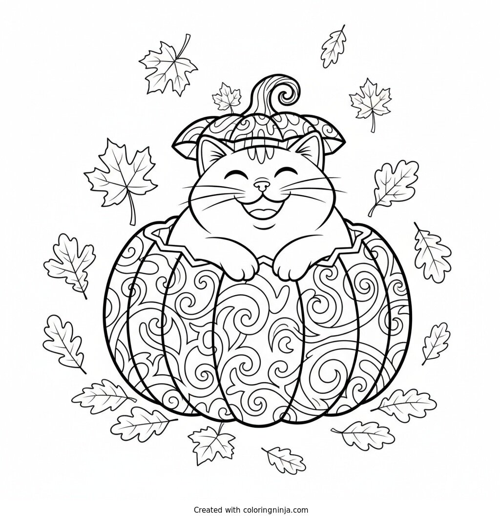 Playful Kitten in a Pumpkin Coloring Page