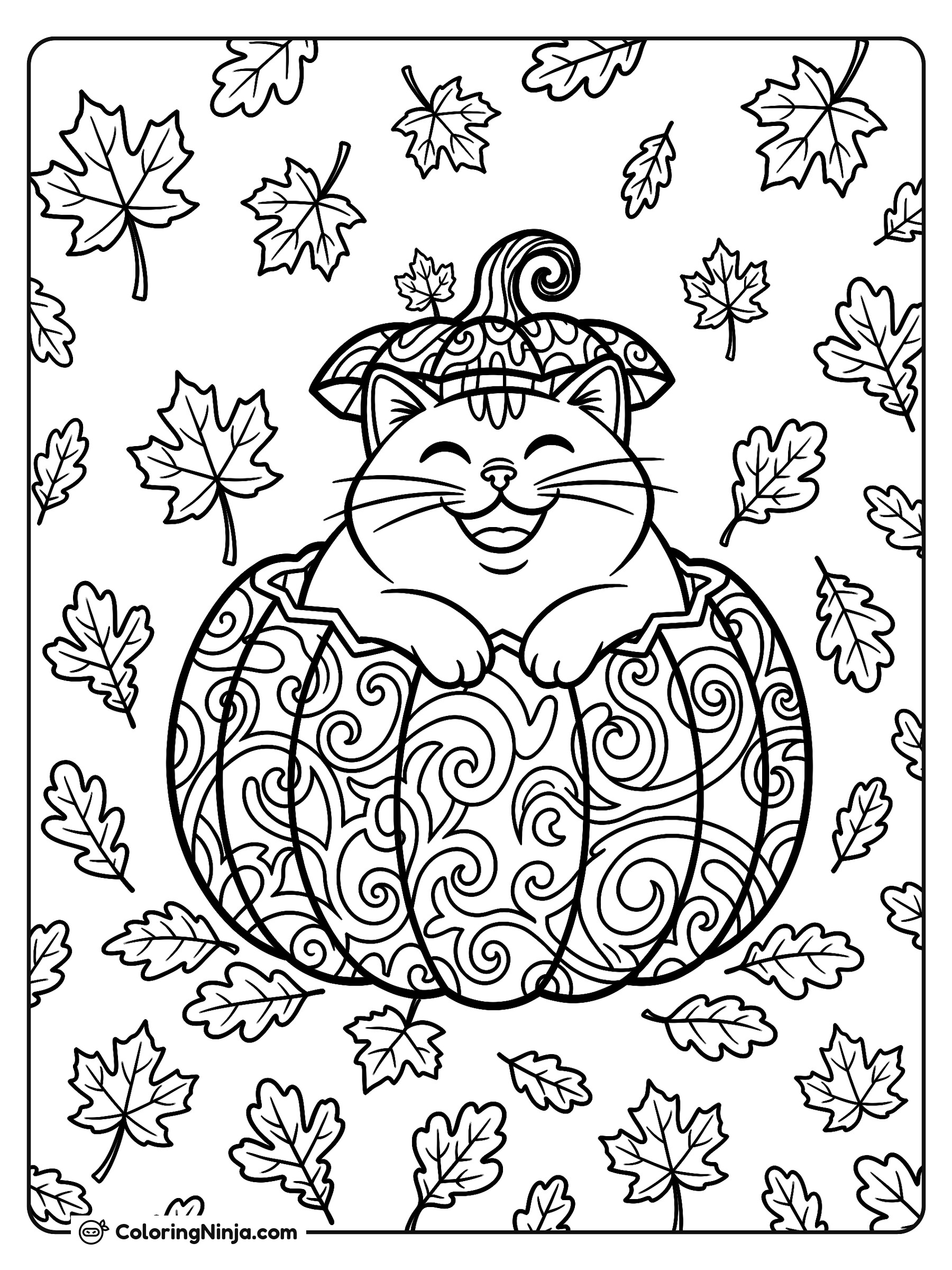 Gatito juguetón dentro de una calabaza: dibujo para colorear