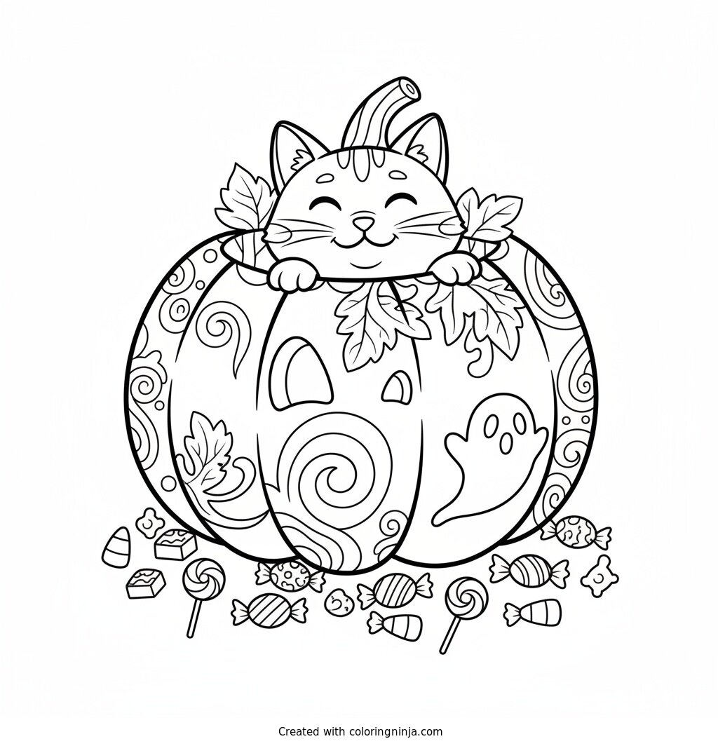 Black Cat in a Pumpkin Coloring Page