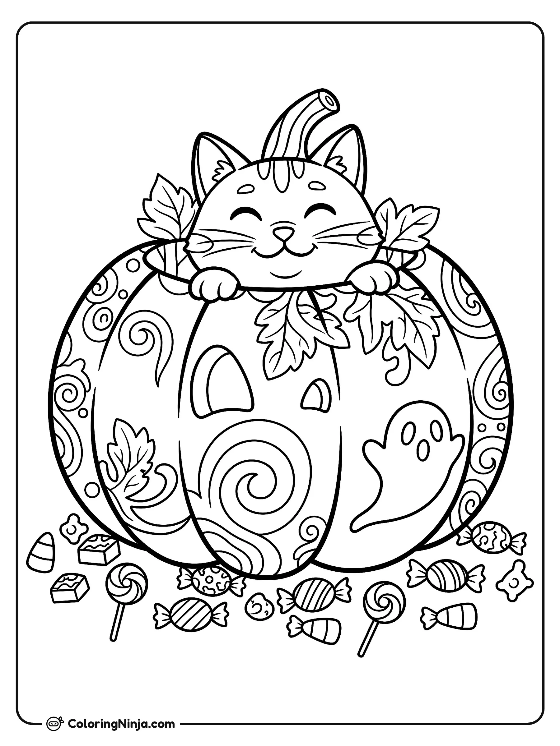 Gato negro en calabaza con dulces, dibujo para colorear: Un alegre gato negro asoma la cabeza desde una gran calabaza decorada con hojas, espirales y un dibujo de fantasma.