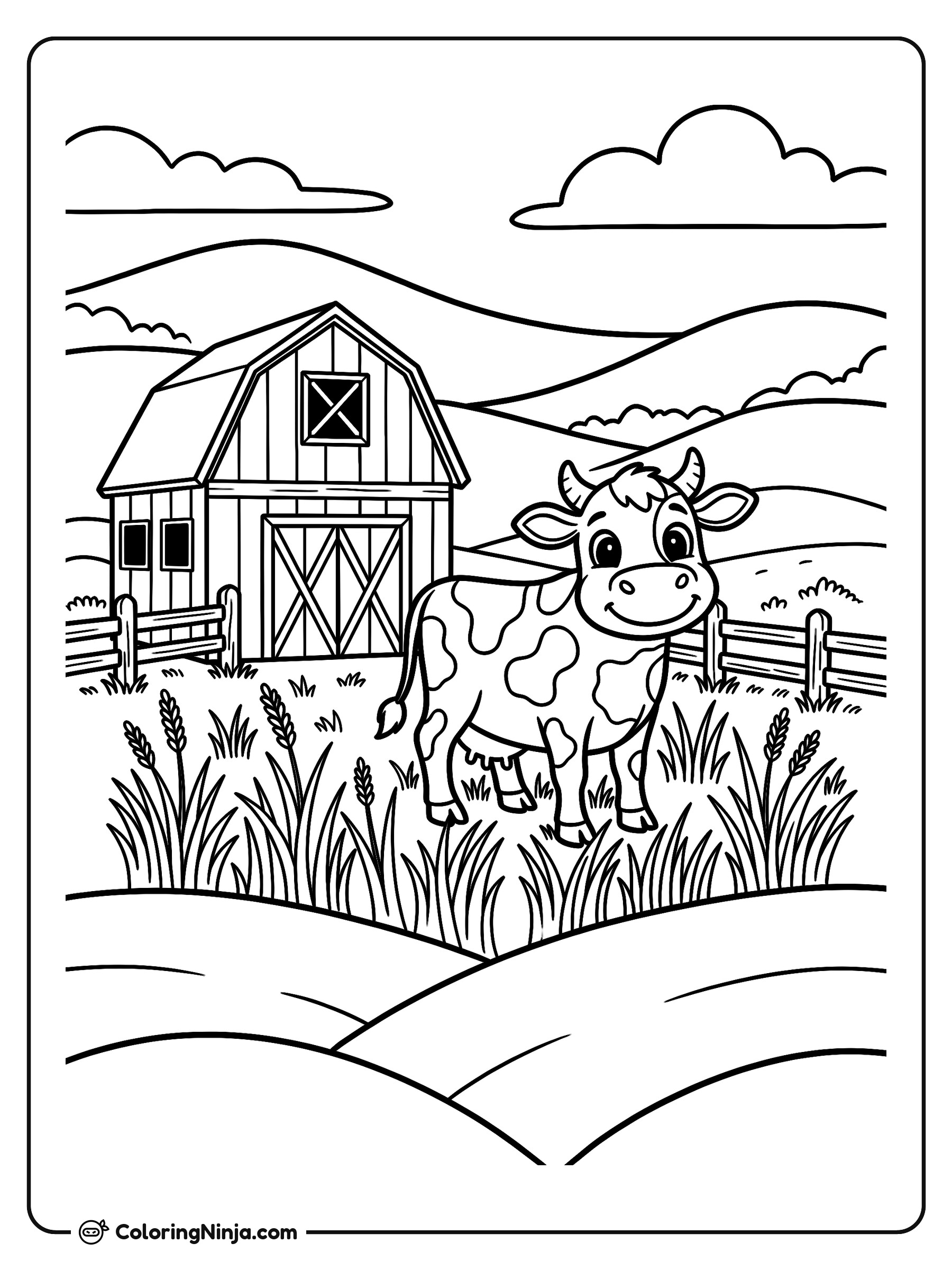 Una vaca amigable en el granero: dibujo para colorear