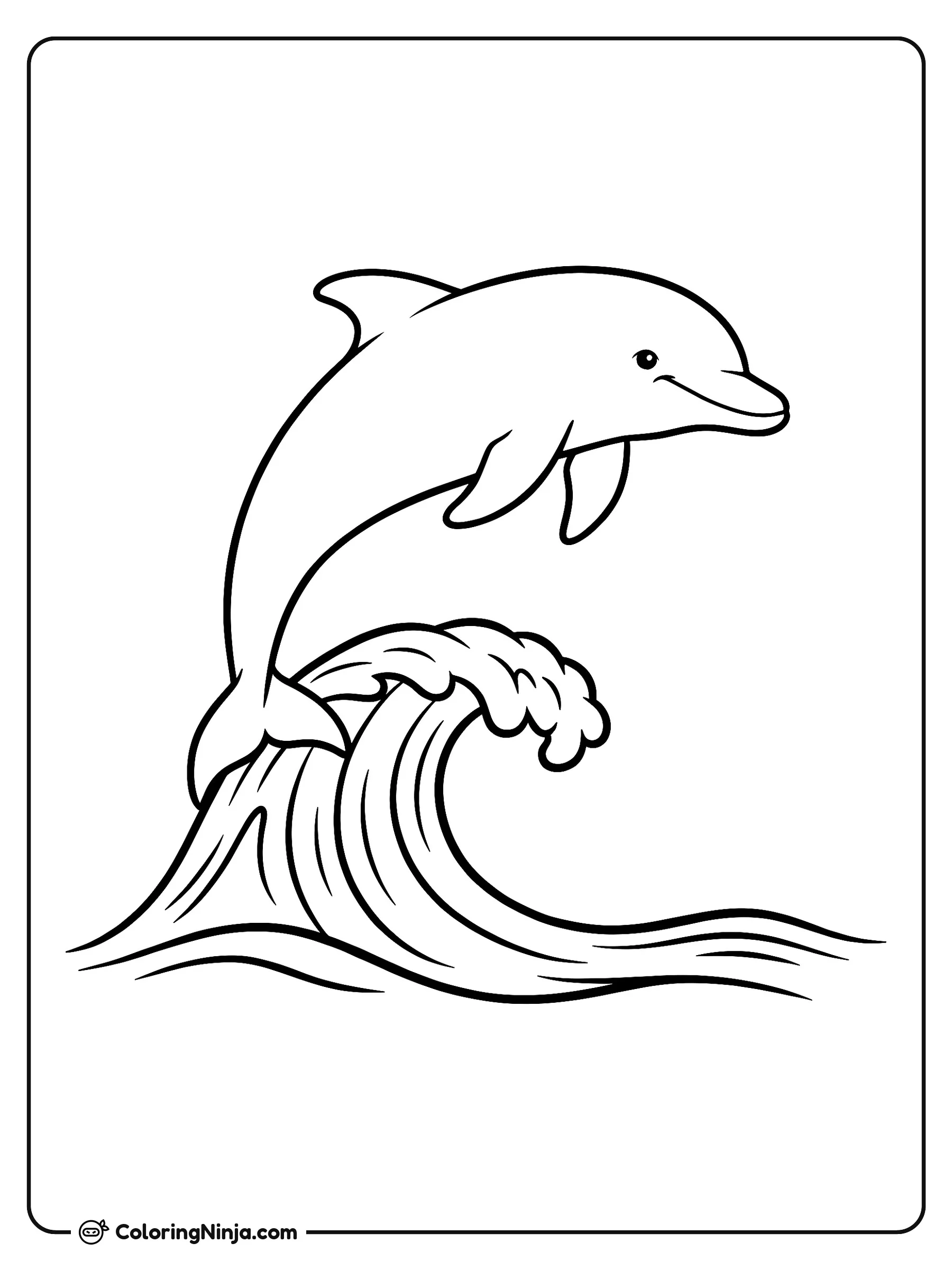Delfín saltando sobre las olas, dibujo para colorear: Un alegre delfín da un salto elegante por encima de una gran ola del océano. El divertido animal marino arquea su cuerpo en el aire mientras el agua se mueve debajo.