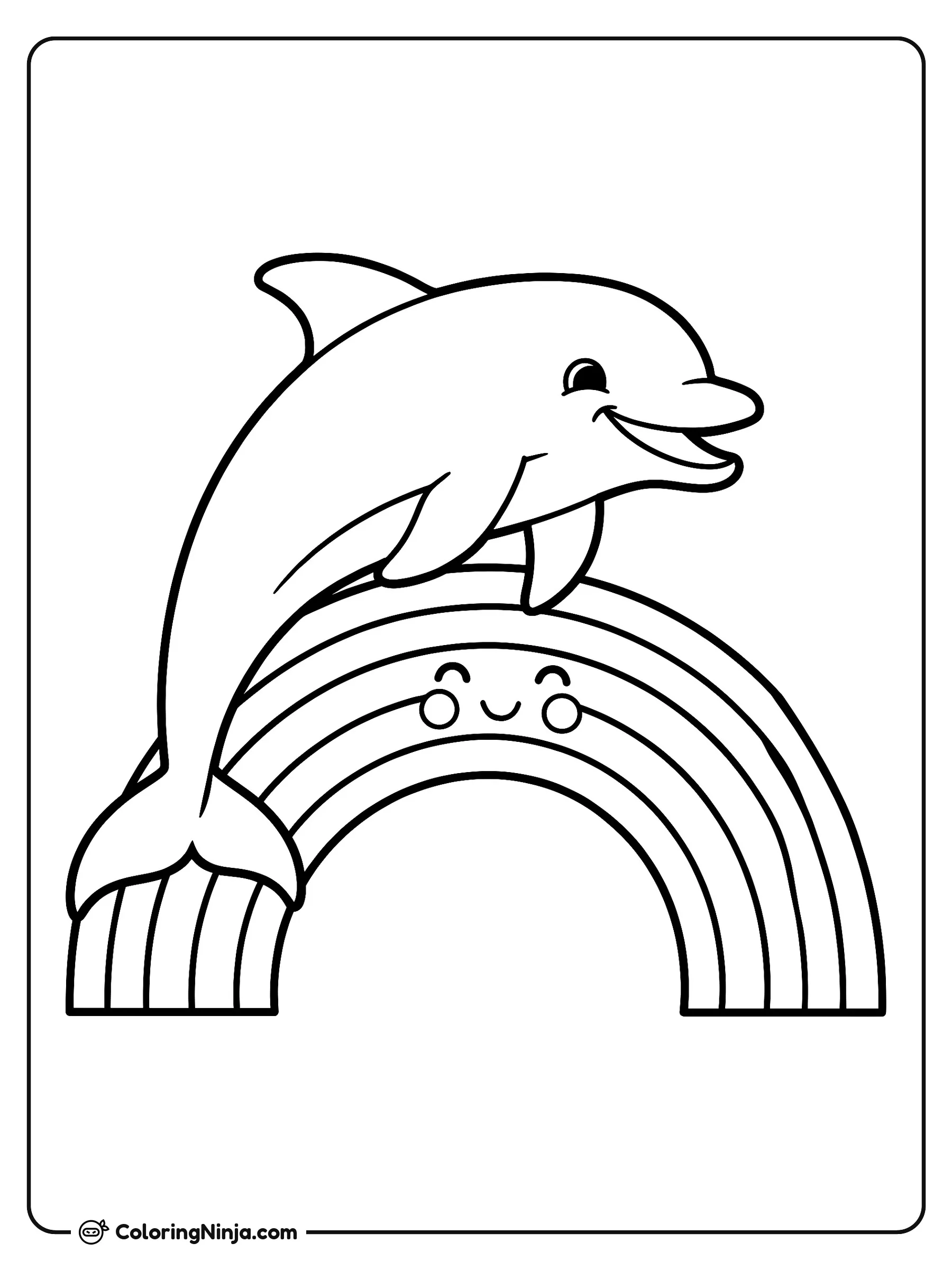 Delfín saltando sobre el arcoíris, dibujo para colorear: Un alegre delfín da un gran salto por el aire justo por encima de un arcoíris con una cara sonriente.