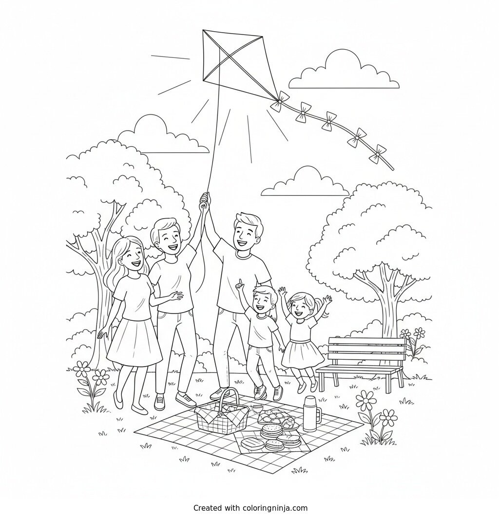 Sunny Park Picnic Fun Coloring Page
