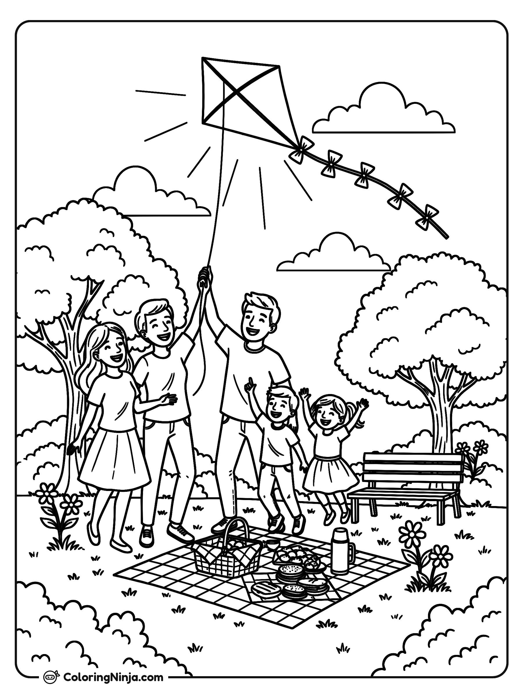 Día de picnic y cometa en familia: dibujo para colorear
