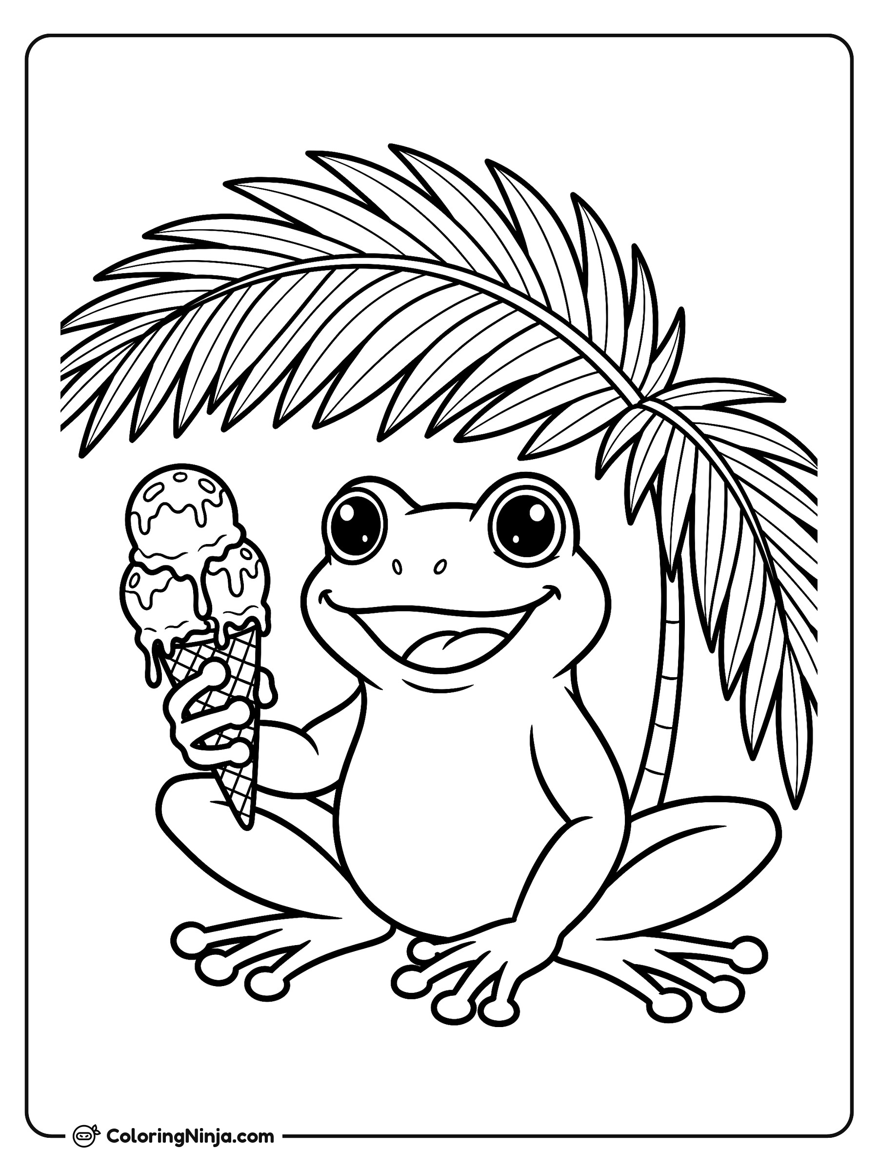 Rana feliz con helado bajo la palmera: dibujo para colorear