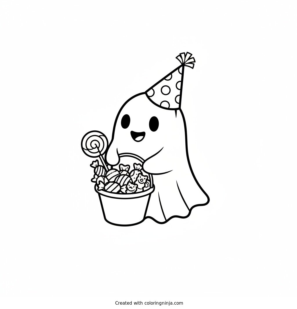 Little Ghost Collecting Sweet Treats Coloring Page