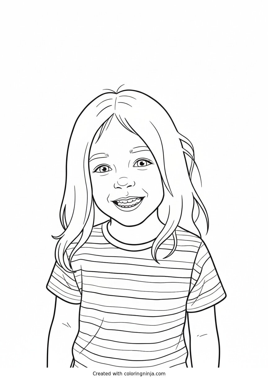 Happy Little Girl in a Striped Shirt Smiling Coloring Page