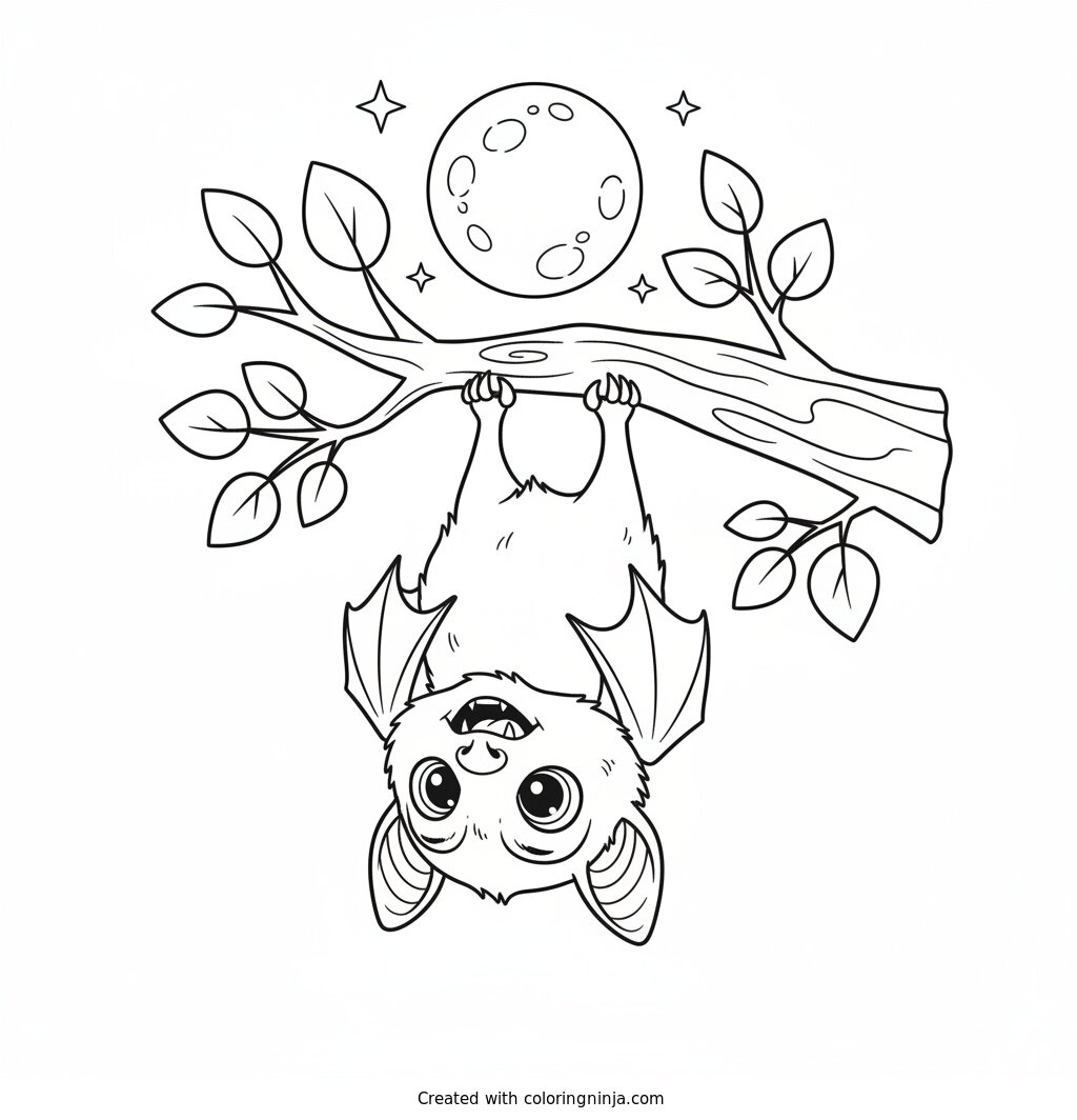 Happy Bat Hanging Around Coloring Page