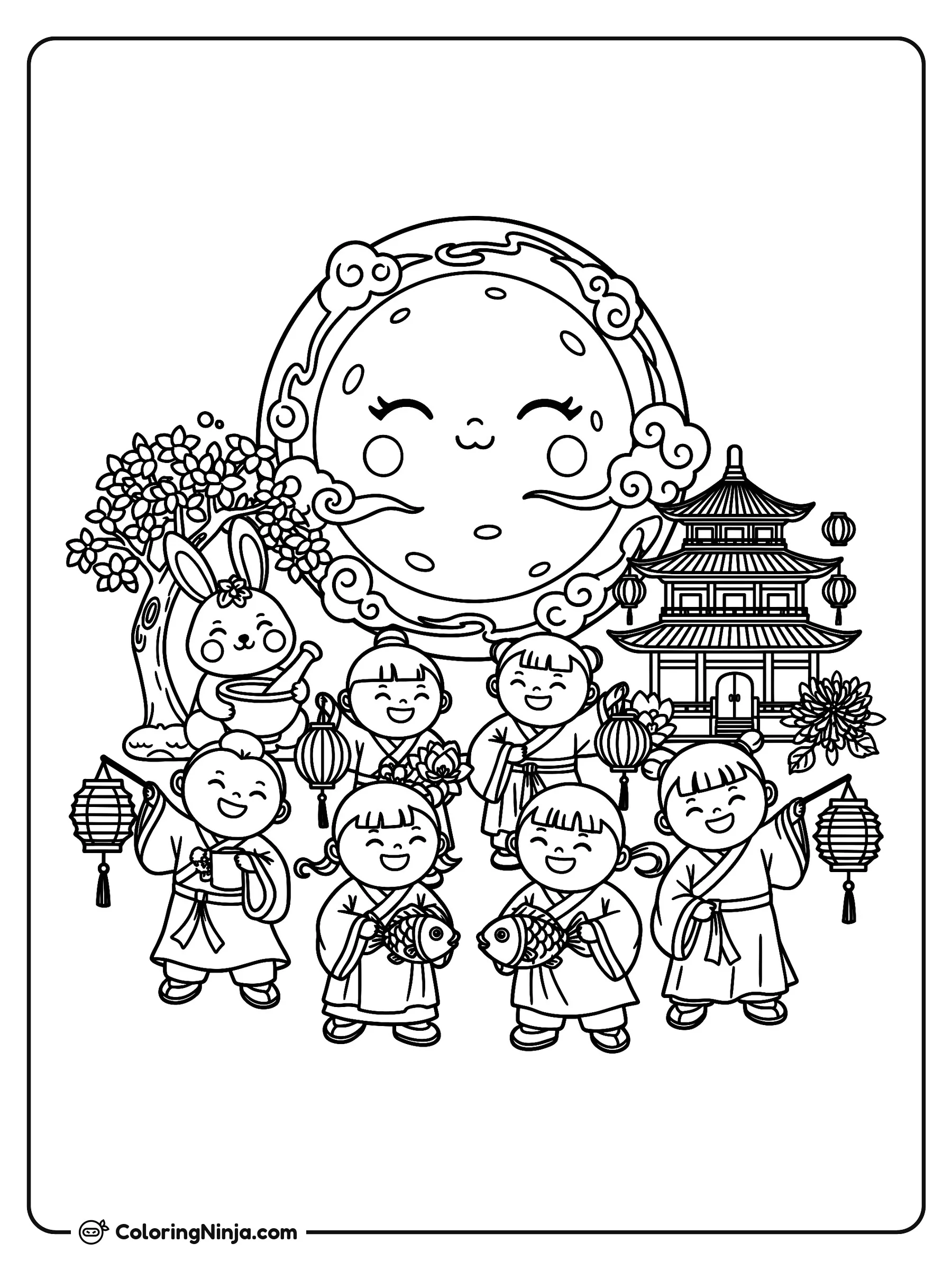 Celebración del Festival de Medio Otoño, dibujo para colorear: Niños alegres vestidos con trajes tradicionales festejan al aire libre con faroles de papel y peces de adorno.