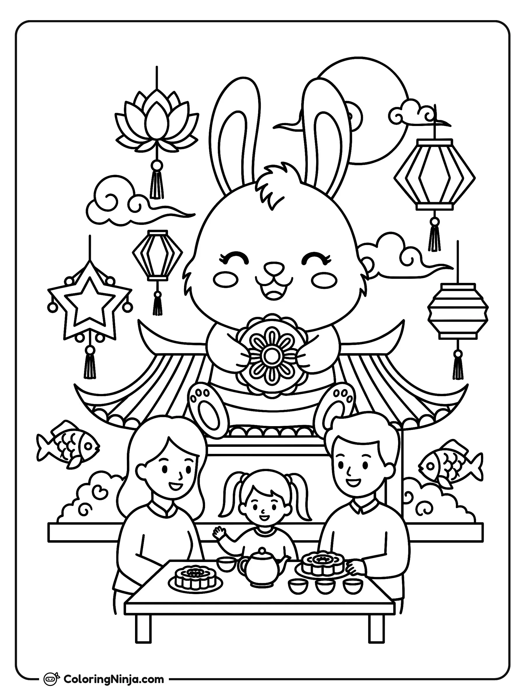 Familia y conejo gigante en el Festival de Medio Otoño, dibujo para colorear: Una familia sonriente celebra el Festival de Medio Otoño alrededor de una mesa con pastelillos de luna y té.
