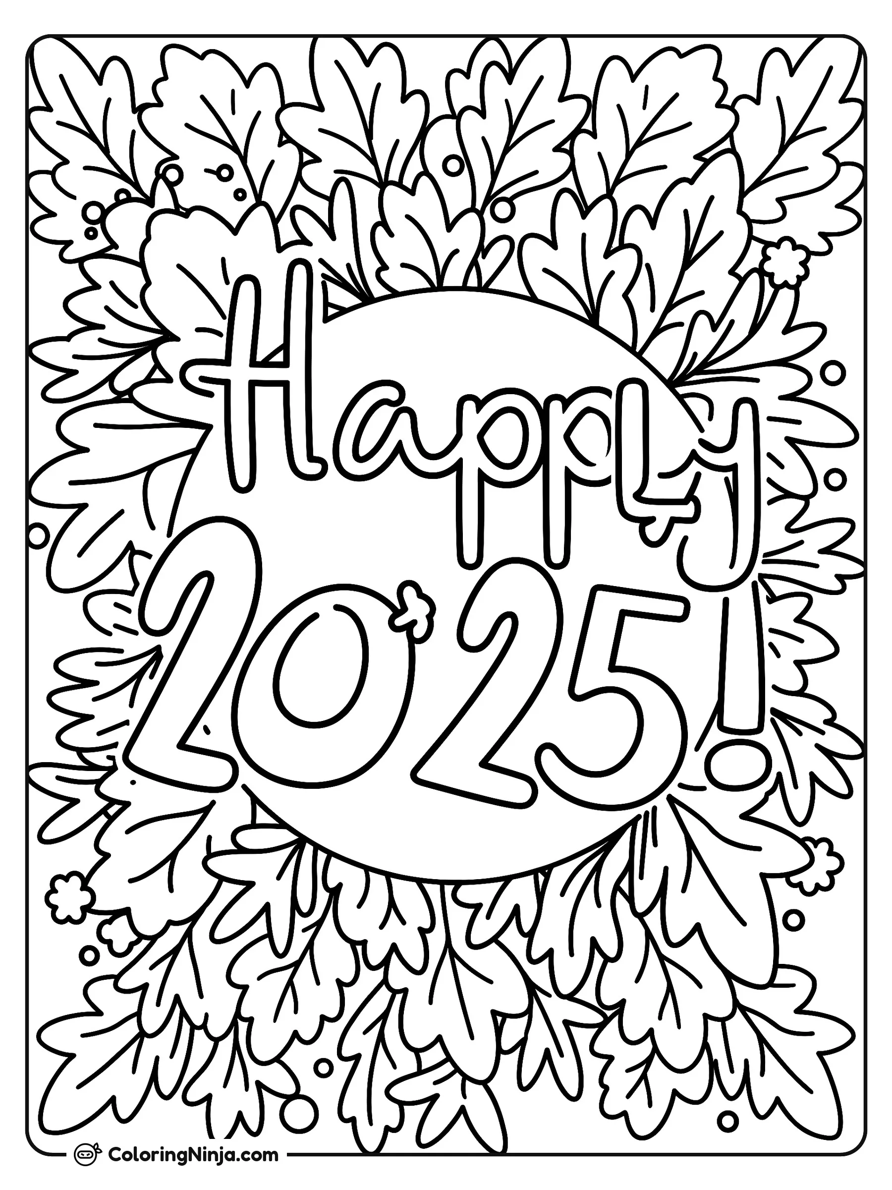 Happy New Year! 2025 Coloring Page: This coloring page features the phrase "Happy new year!" alongside the year "2025" in a clear line-art style.