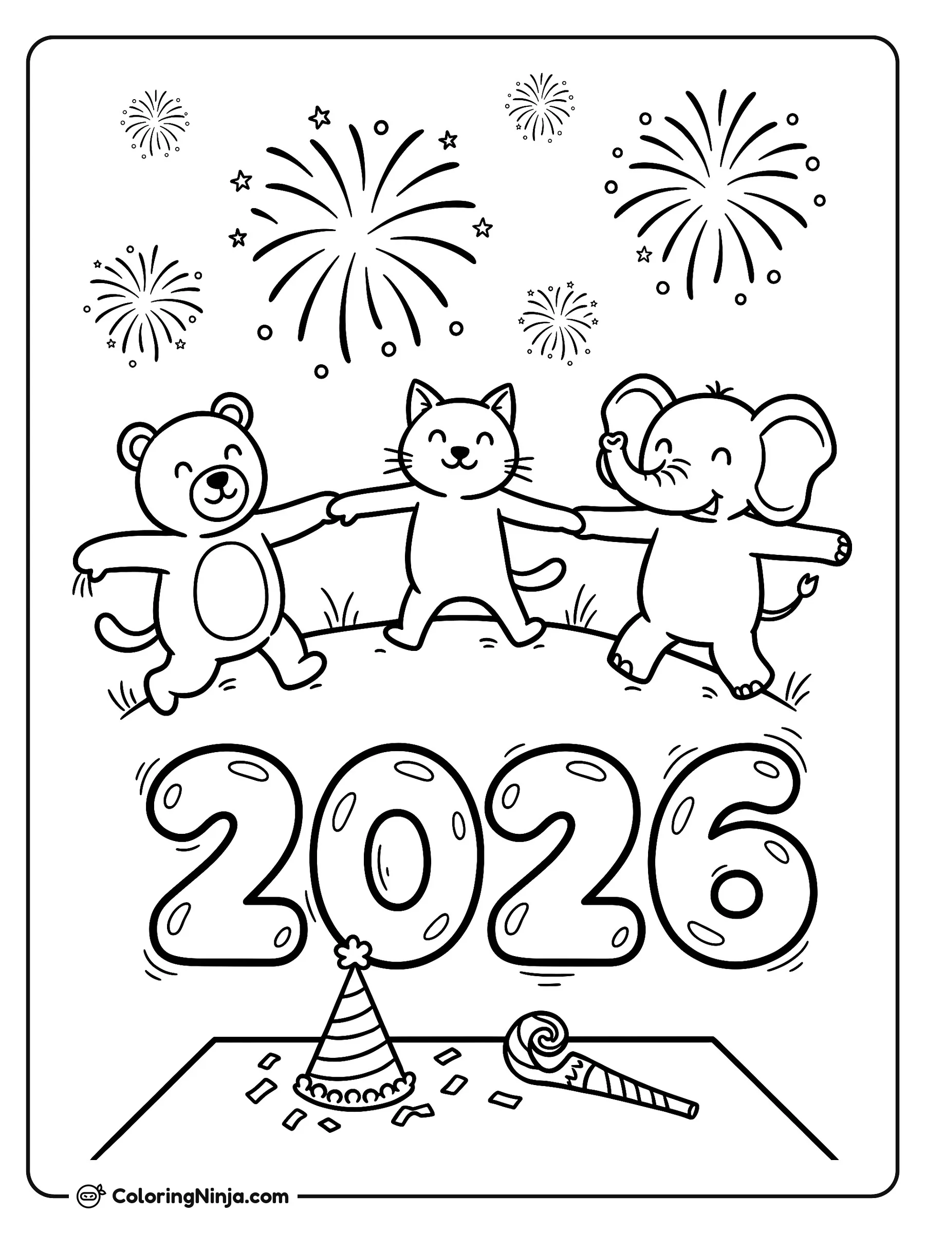Fiesta de Año Nuevo 2026, dibujo para colorear: Un alegre oso, un gato y un elefante bailan tomados de la mano sobre una colina mientras los fuegos artificiales iluminan el cielo nocturno.
