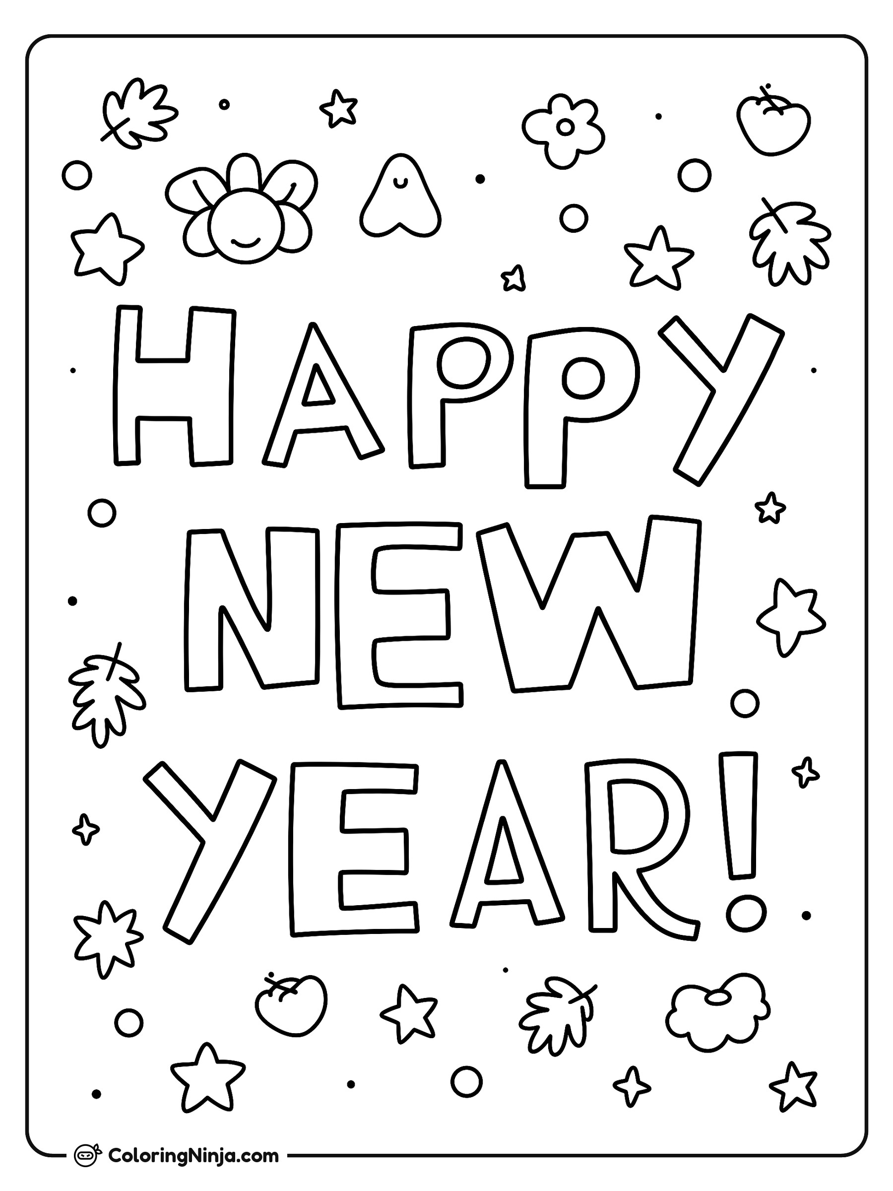 Happy New Year! with Cute Stars and Leaves Coloring Page