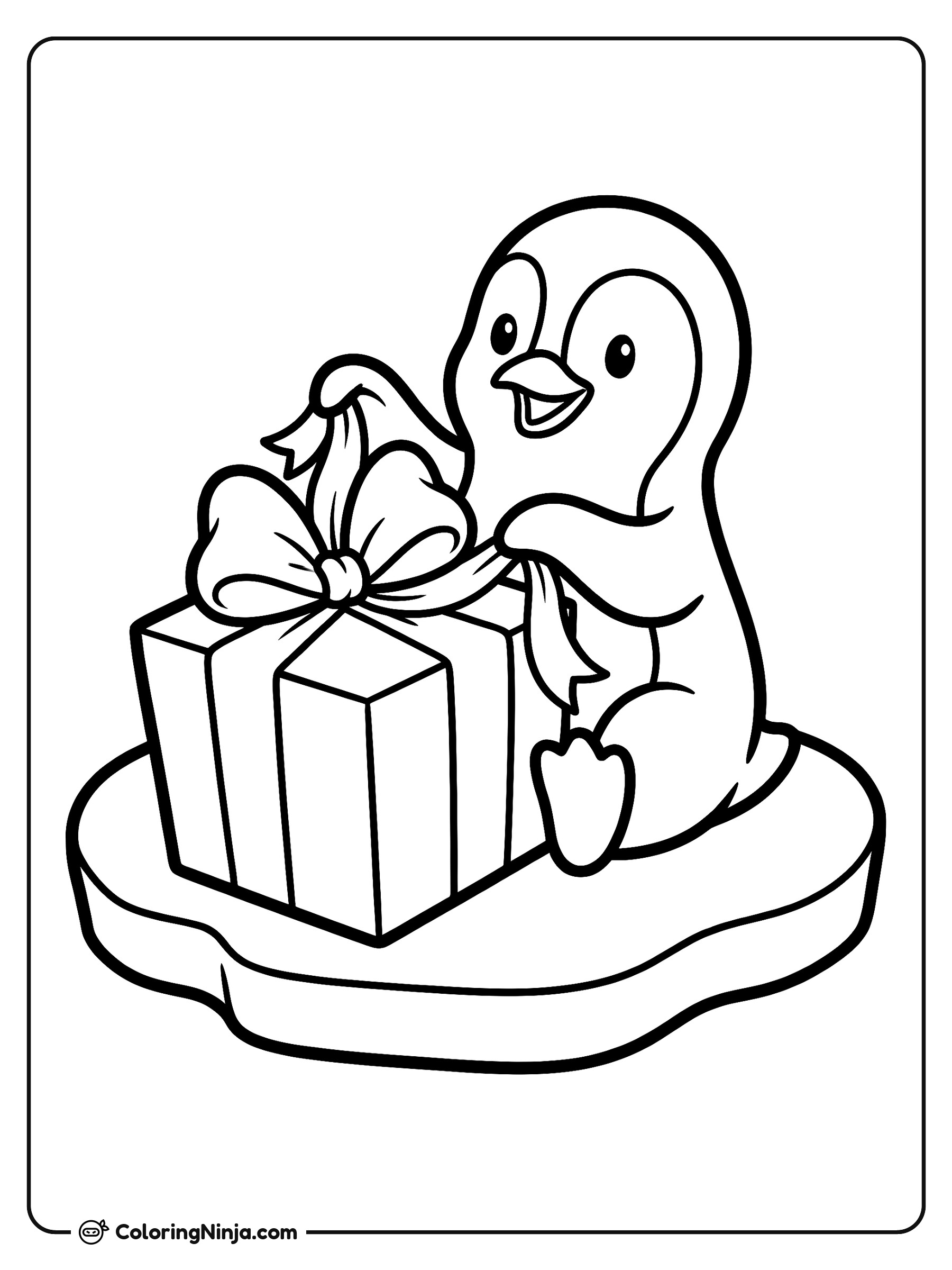Pingüino alegre abriendo un regalo navideño: dibujo para colorear