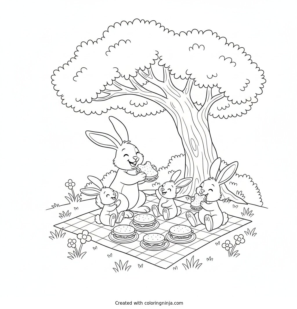 Rabbit Family Picnic Under Tree Coloring Page