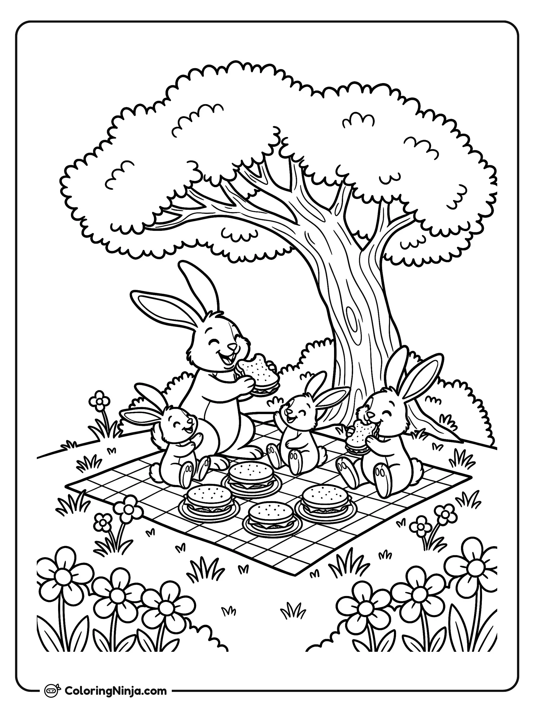 Familia de conejos en un picnic, dibujo para colorear: Una alegre familia de conejitos disfruta de un picnic al aire libre debajo de un gran árbol.