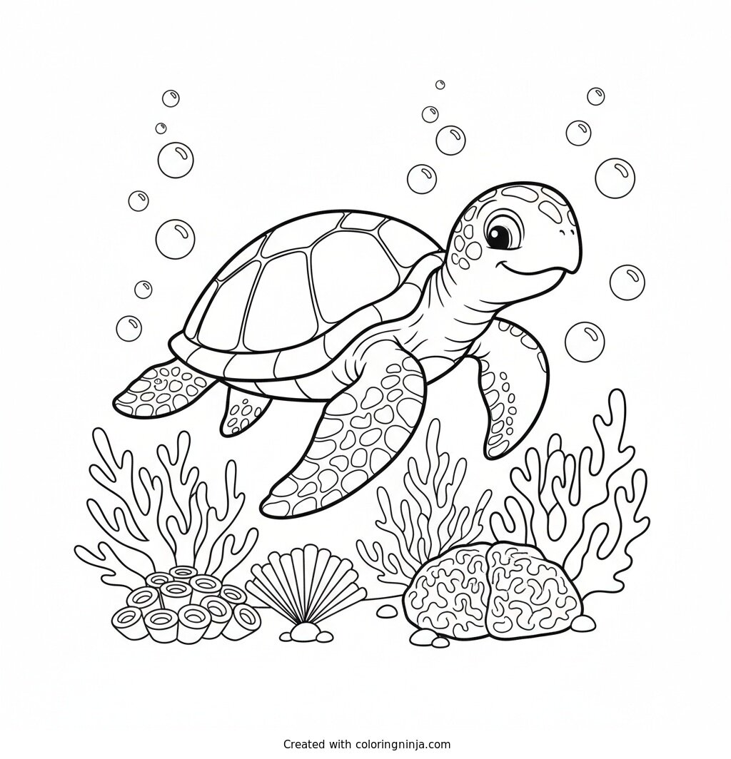 A Friendly Sea Turtle Swimming Coloring Page