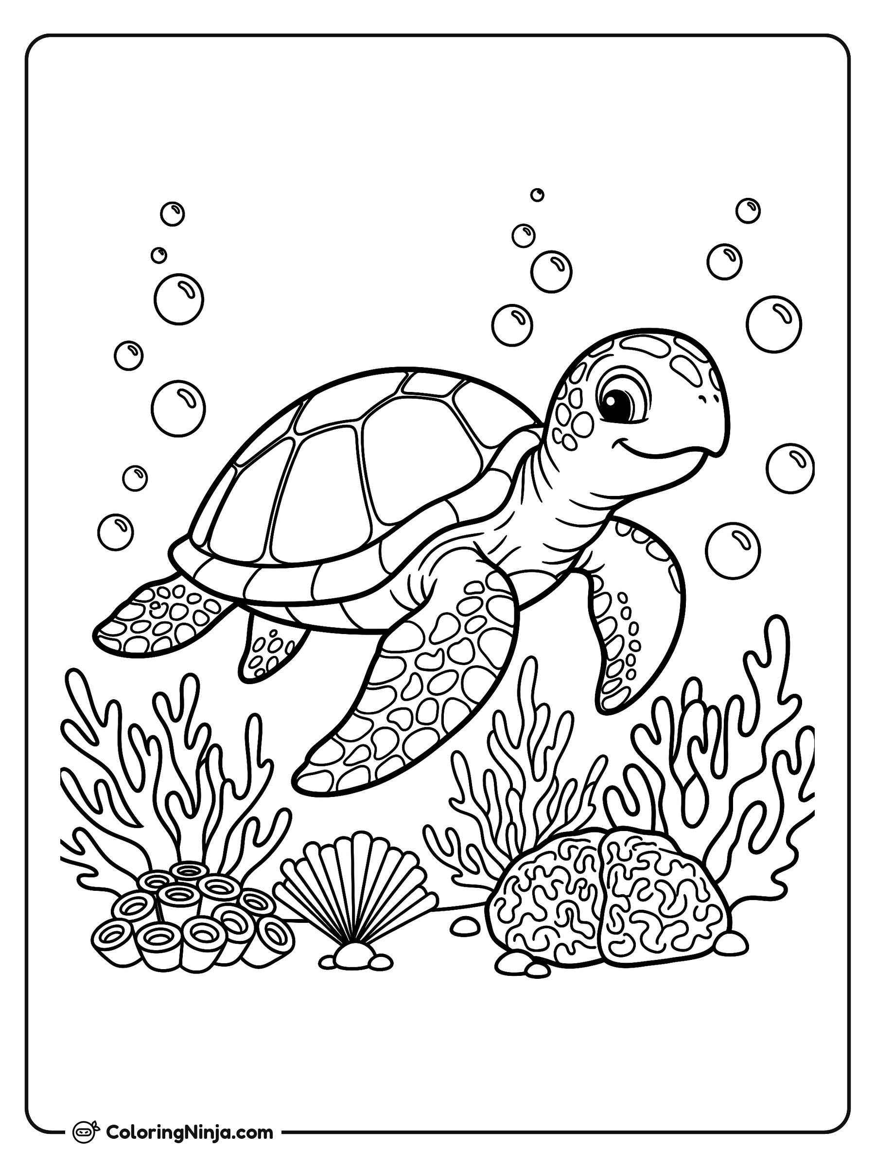 Una amigable tortuga marina nadando: dibujo para colorear