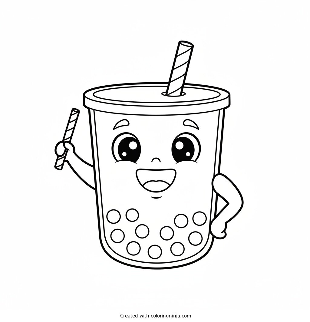 Sweet Smiling Boba Milk Tea Coloring Page