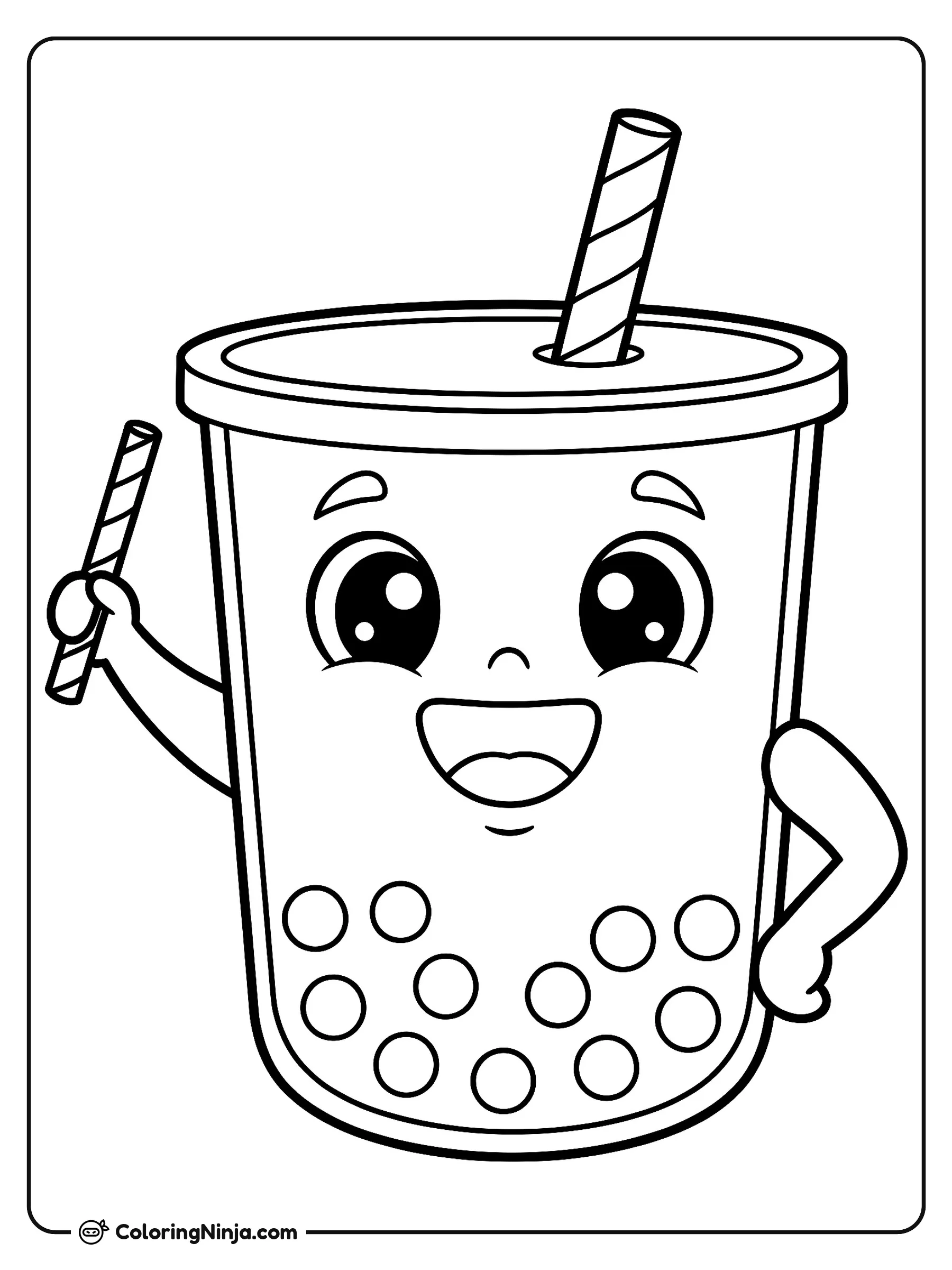 Té de Boba Sonriente y Dulce, dibujo para colorear: Un tierno vaso de té de boba sonríe alegremente mientras sostiene un sorbete a rayas, con perlas de tapioca en el fondo.