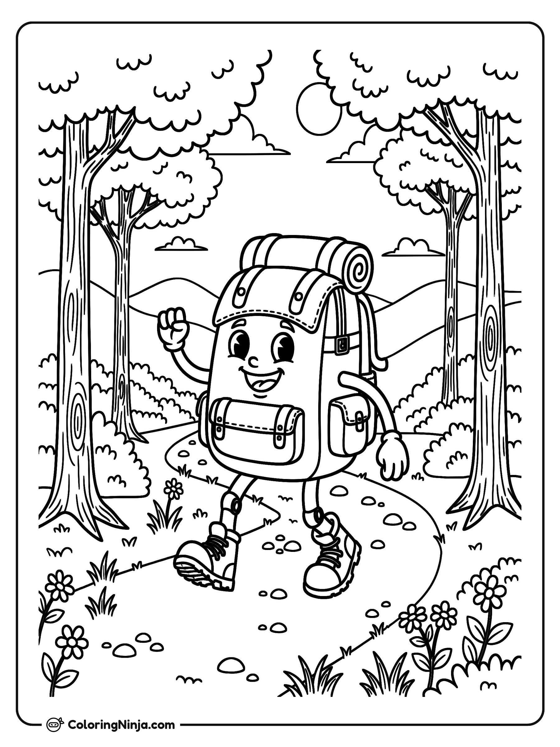 Mochila animada en un sendero: dibujo para colorear