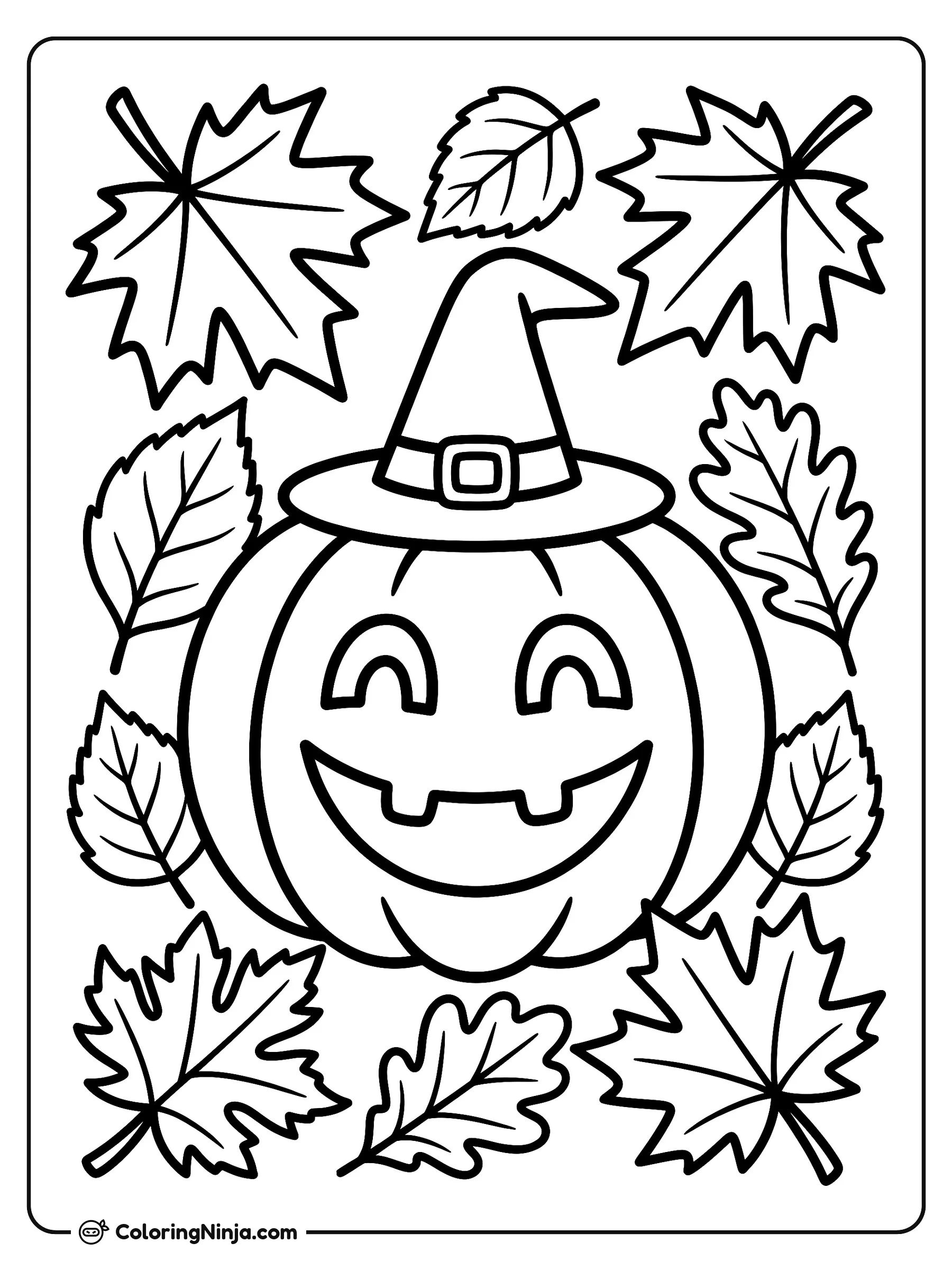 Calabaza sonriente con sombrero de bruja, dibujo para colorear: Una amigable calabaza con sombrero puntiagudo sonríe en el centro de la escena, rodeada de varias hojas de otoño.