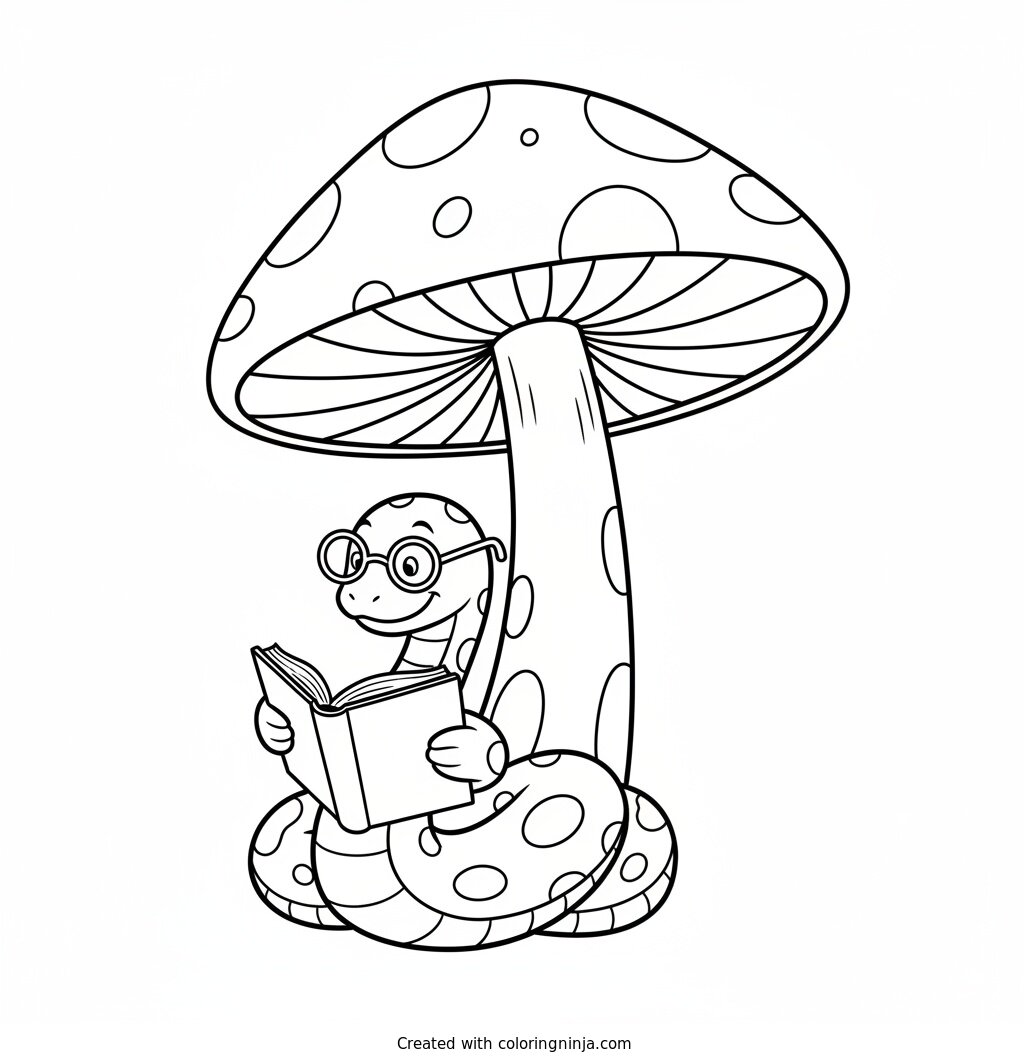 The Bookworm Snake's Reading Nook Coloring Page