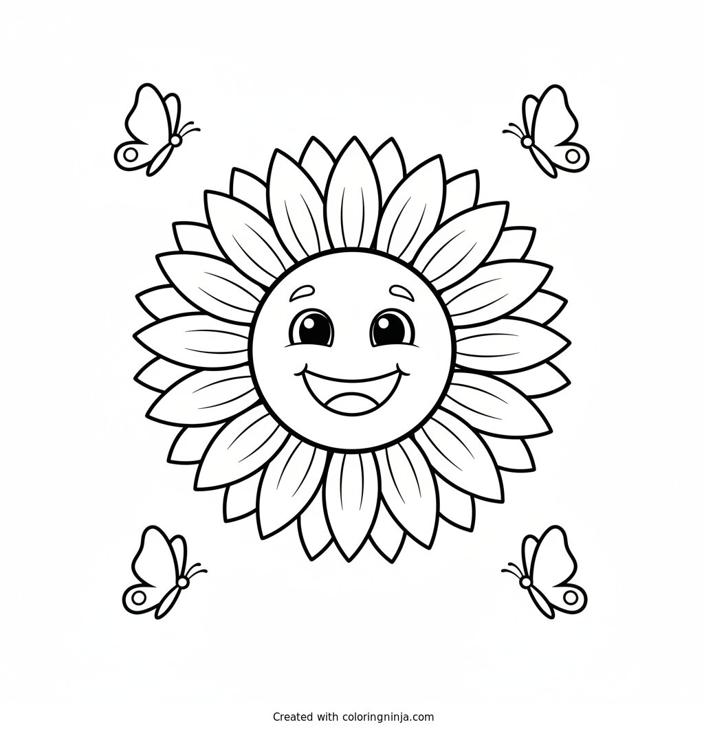 Smiling Sunflower and Friendly Butterflies Coloring Page