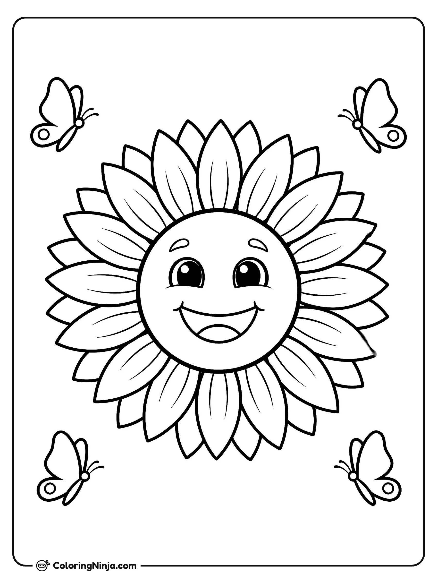 Girasol sonriente y mariposas amigables, dibujo para colorear: Un gran girasol muestra una alegre carita sonriente rodeado de capas de pétalos abiertos. Cuatro simpáticas mariposas revolotean alrededor de las esquinas de la flor.