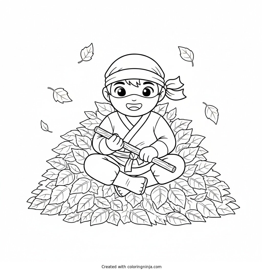 Ninja Leaf Pile Play Coloring Page